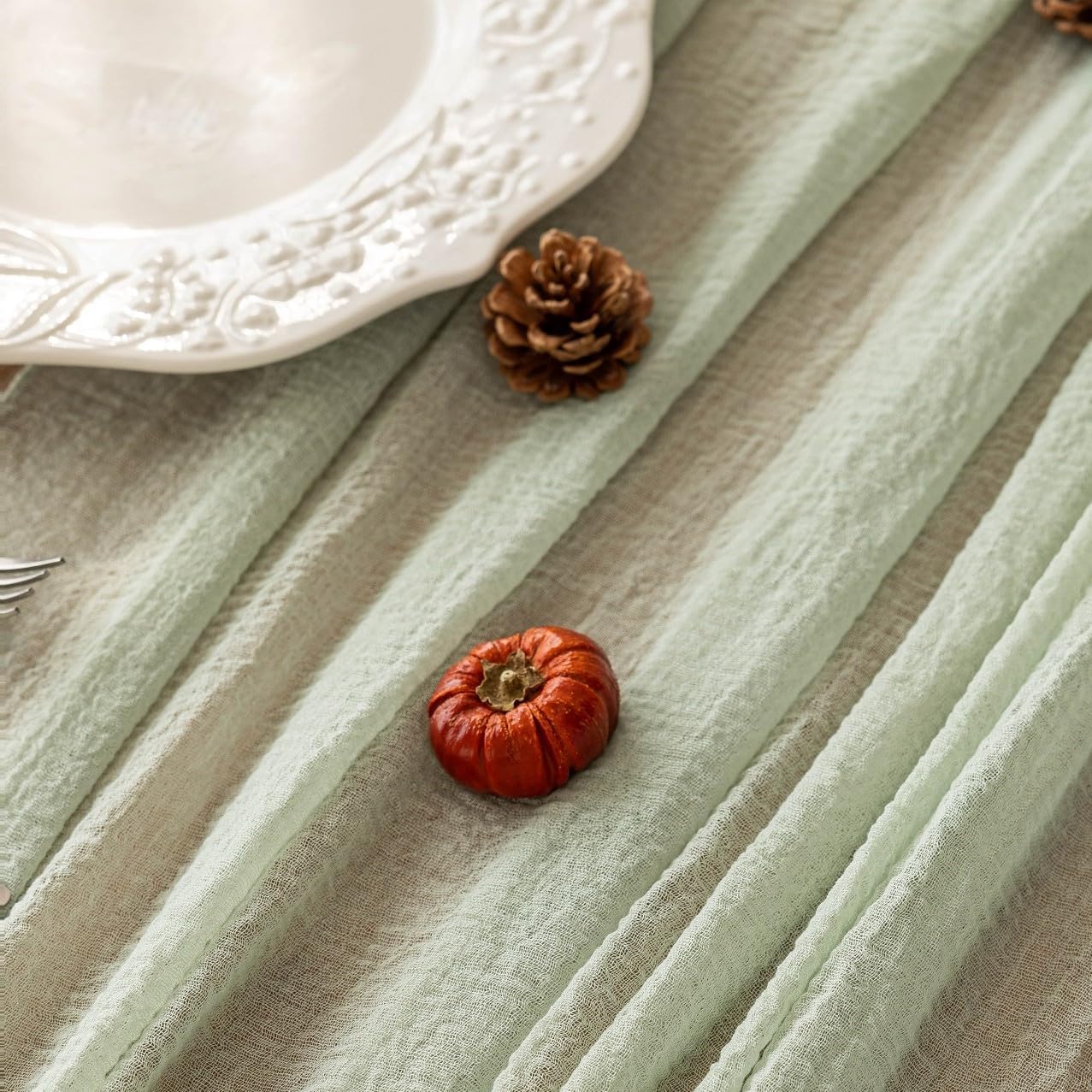 Keketo Sage Green Table Runner Cheesecloth 120 Inch 10 FT Rustic Boho Cheese Cloth Table Runner for Wedding Baby Shower Bridal Shower Sheer Gauze Centerpiece Home Decorations