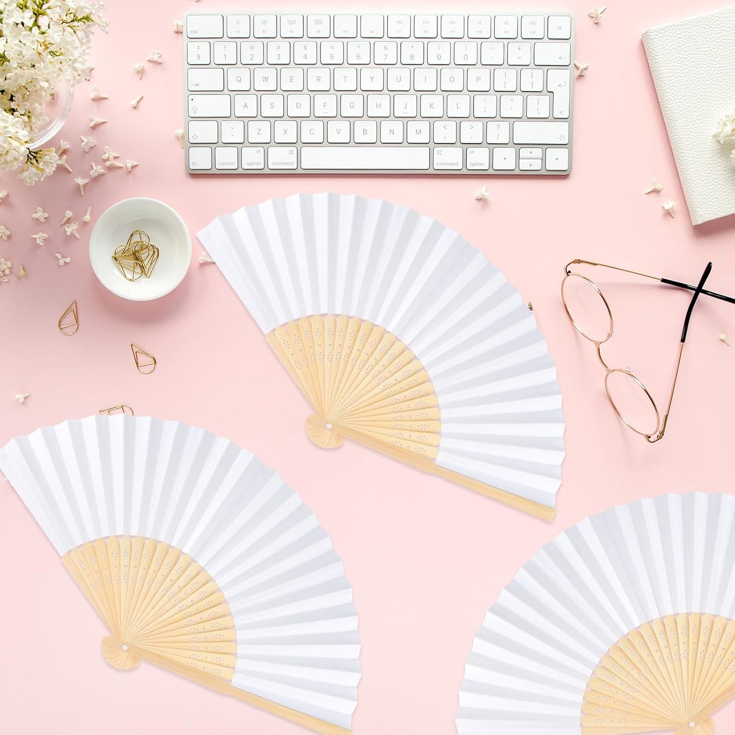 48 Pieces White Hand Held Bamboo Folding Fans Paper Fans Handheld for Women Foldable Girls Wedding Decoration Church Home Party Favors Summer