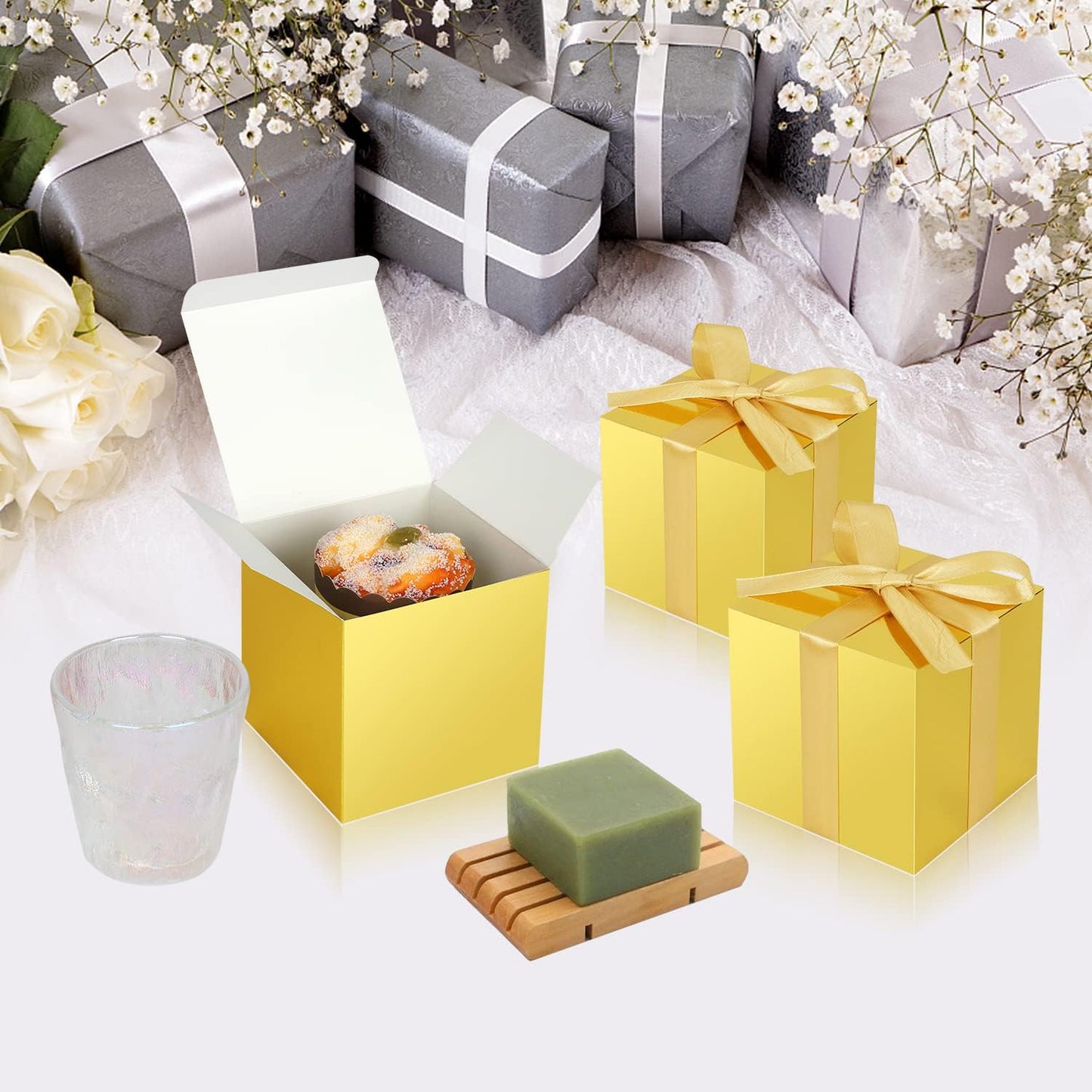 100 Pack Small Gift Boxes, 4x4x4 Inches Favor Boxes Gold Paper Gift Boxes with Lids for Presents, Crafting, Cupcake Boxes, Gifts, Candy Boxes for Wedding Party Bridal Shower Baby Shower Favors