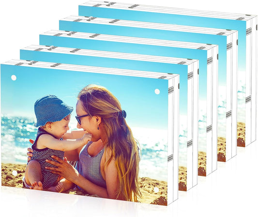 HELPLEX Acrylic Frame, 5 Pack 3.5x5 Acrylic Picture Frames, 20mm Thicker Frameless Clear Frame Double Sided Magnetic Frame, Free Standing Desktop Display Stand Acrylic Frames, 3.5x5(5 PACK)
