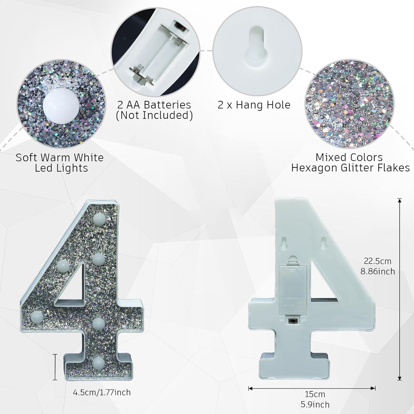 Marquee Light Letters for Table Decorations, Glitter Light Up Signs for Prom, Events, or Engagement Party Decor, Featuring Alphabet & Number Lighted Letters, Number 4