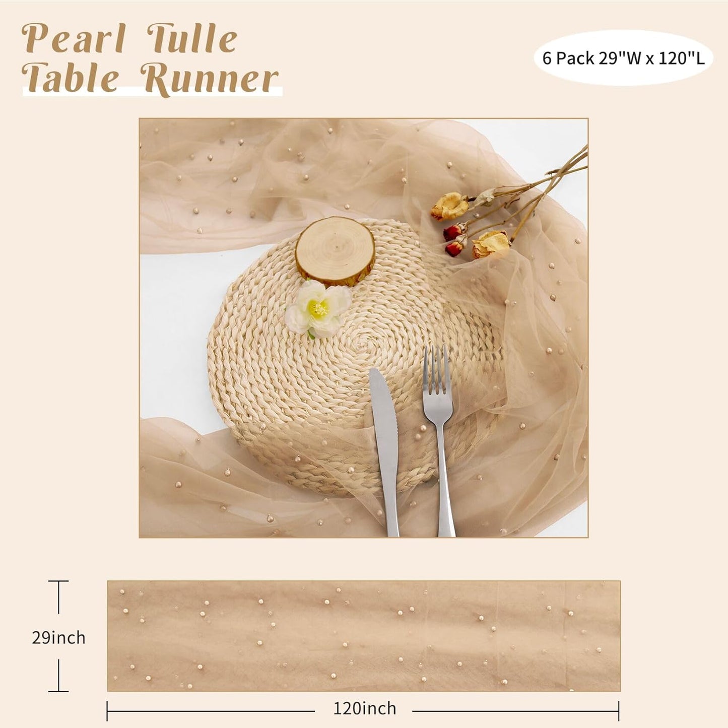 Set of 6 Pearl Table Runner 29 x 120 Inch Tulle Fabric Lace Table Runners Boho Rustic Tablecloth for Bridal Shower Birthday Party Wedding Arch Aisle Veil Dessert Table Decor(Nude)