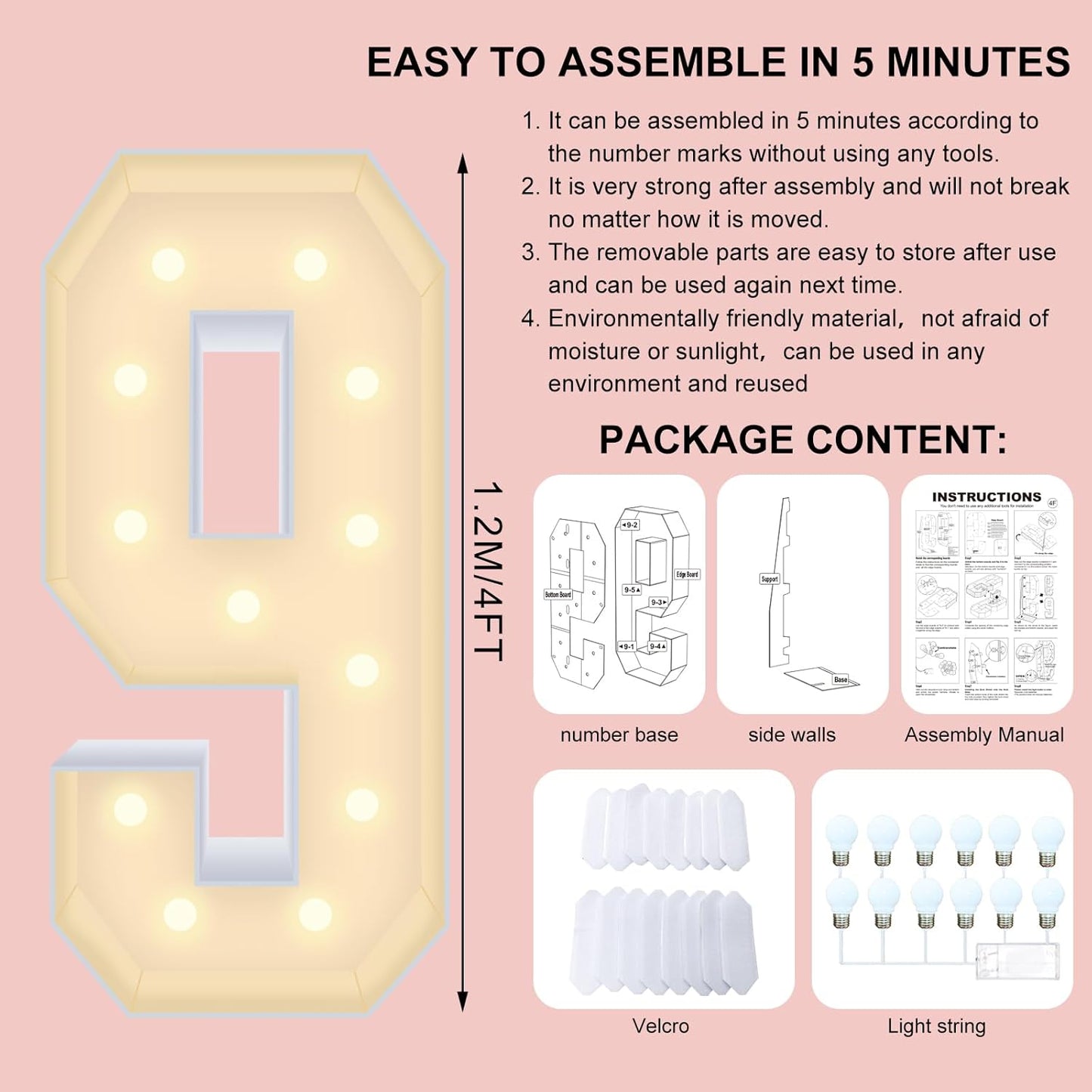 4FT Plastic Marquee Numbers 9 - Light up Numbers Are Made from Corrugated Plastic Board - Quick Assembly Without Tools, Disassembled Components Can Be Used for Photo Wall Decoration, Yard Sale Signs