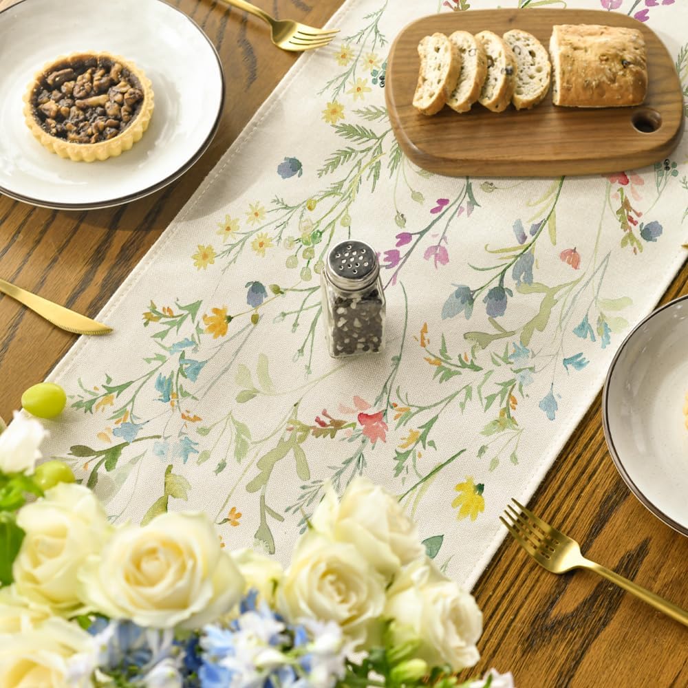 Artoid Mode Wildflowers Bloom Flowers Spring Table Runner, Seasonal Summer Floral Kitchen Dining Table Decoration for Home Party Decor 13x72 Inch