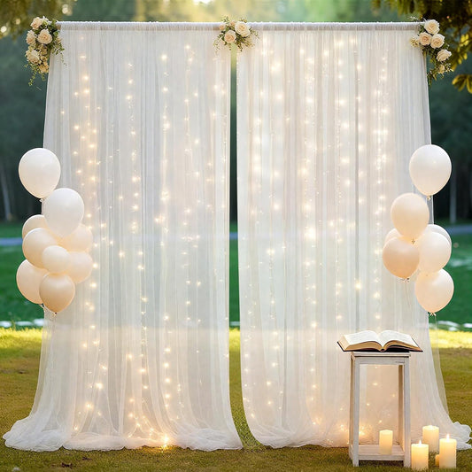 10×10ft Tulle Backdrop Curtains with Lights String - 300LED Fairy Lights Sheer Curtain Backdrop for Weddings Baby Shower and Birthday Party Decorations(6 Panels 5×10ft)