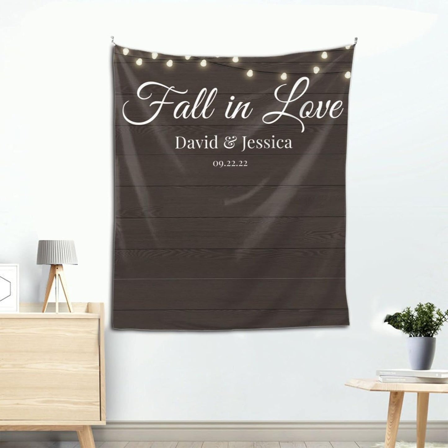 Wedding Backdrop for Reception, Custom Tapestry with Names & Date, Rustic Sign, Personalized Wood Photography Lights Banner Ceremony, Arch Decor One Size