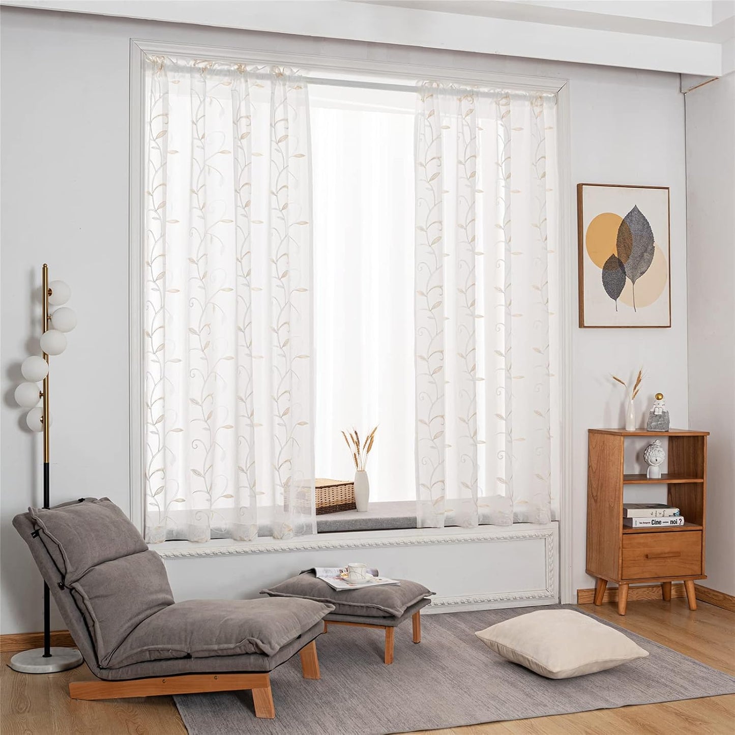 VISIONTEX White Sheer Voile Curtains, Decorative Beige Leaves Embroidery Faux Linen Rod Pocket Window Drapes for Home Kitchen, Living Room and Bedroom 54 x 84 Inch, Set of 2 Curtain Panels