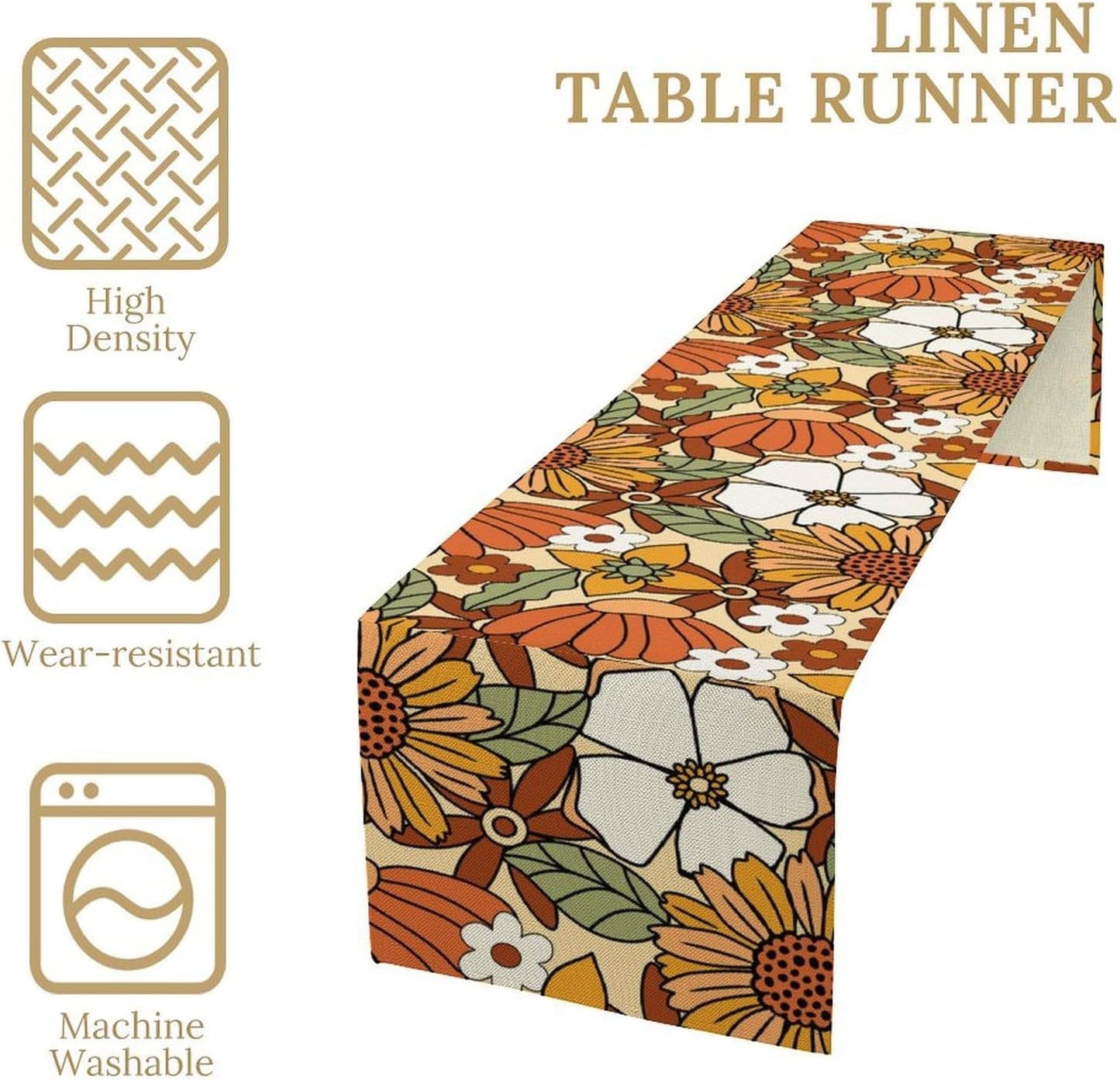 Vintage Floral Table Runner,Boho 70s Style Retro Flower Table Cloth Kitchen Dining Table Home Party Decoration 13x36 Inch
