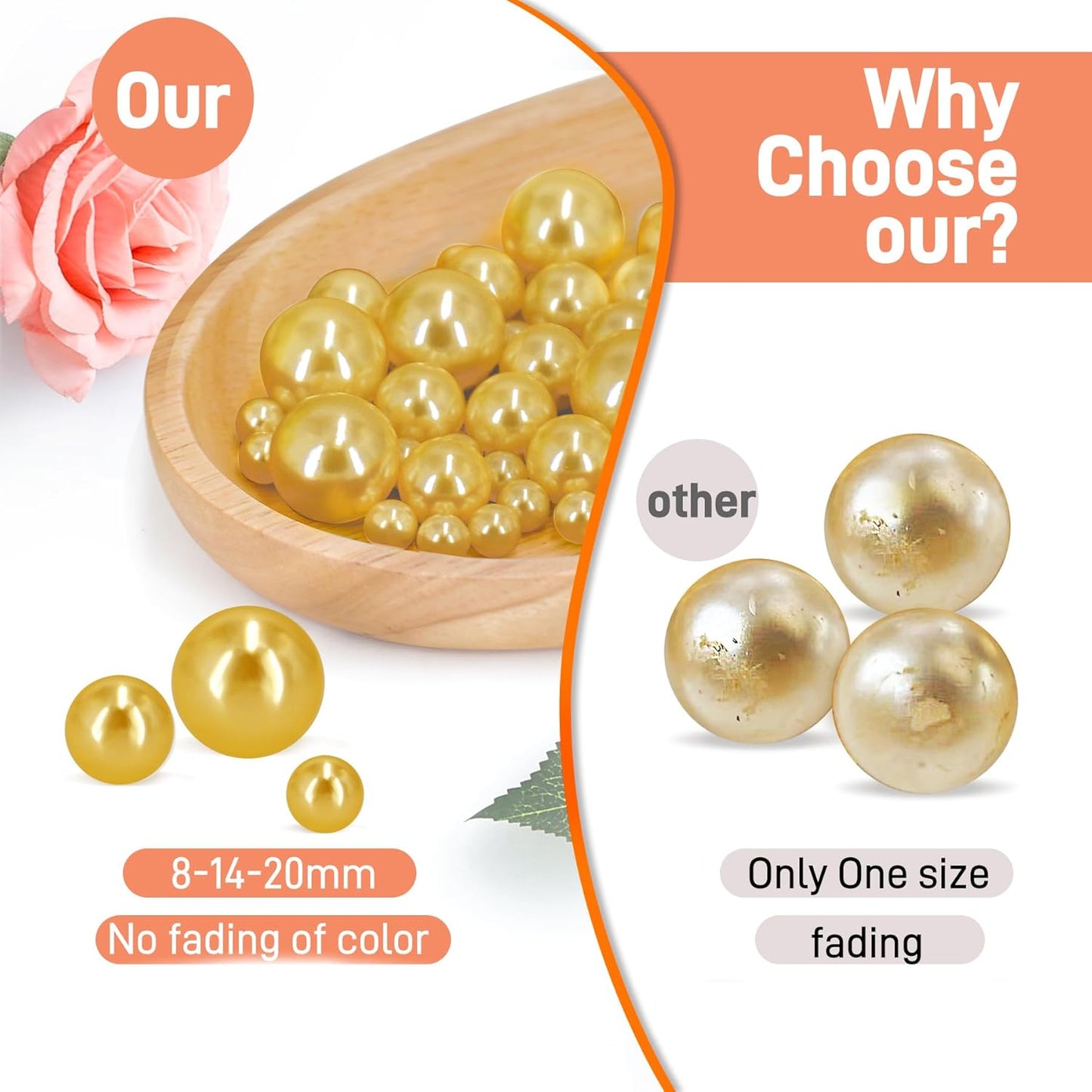 120 PCS 8/14/20mm No Hole Polish Pearl Beads for Centerpiece, Gold Beads Decorative Vase Fillers, Plastics Pearls for Vases, Table Scatters, Wedding Party Decor