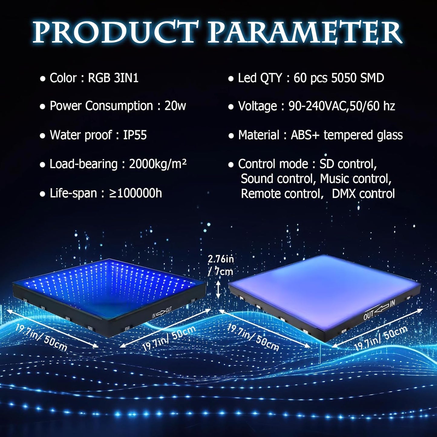 Dance Floor Stage Lights Tempered Glass Infinity Mirror Panel 3D Effect Led Dance Floor for Wedding Party Customizable (3D+RGB-Magnetic, 25PCS(8.2FTX8.2FT))