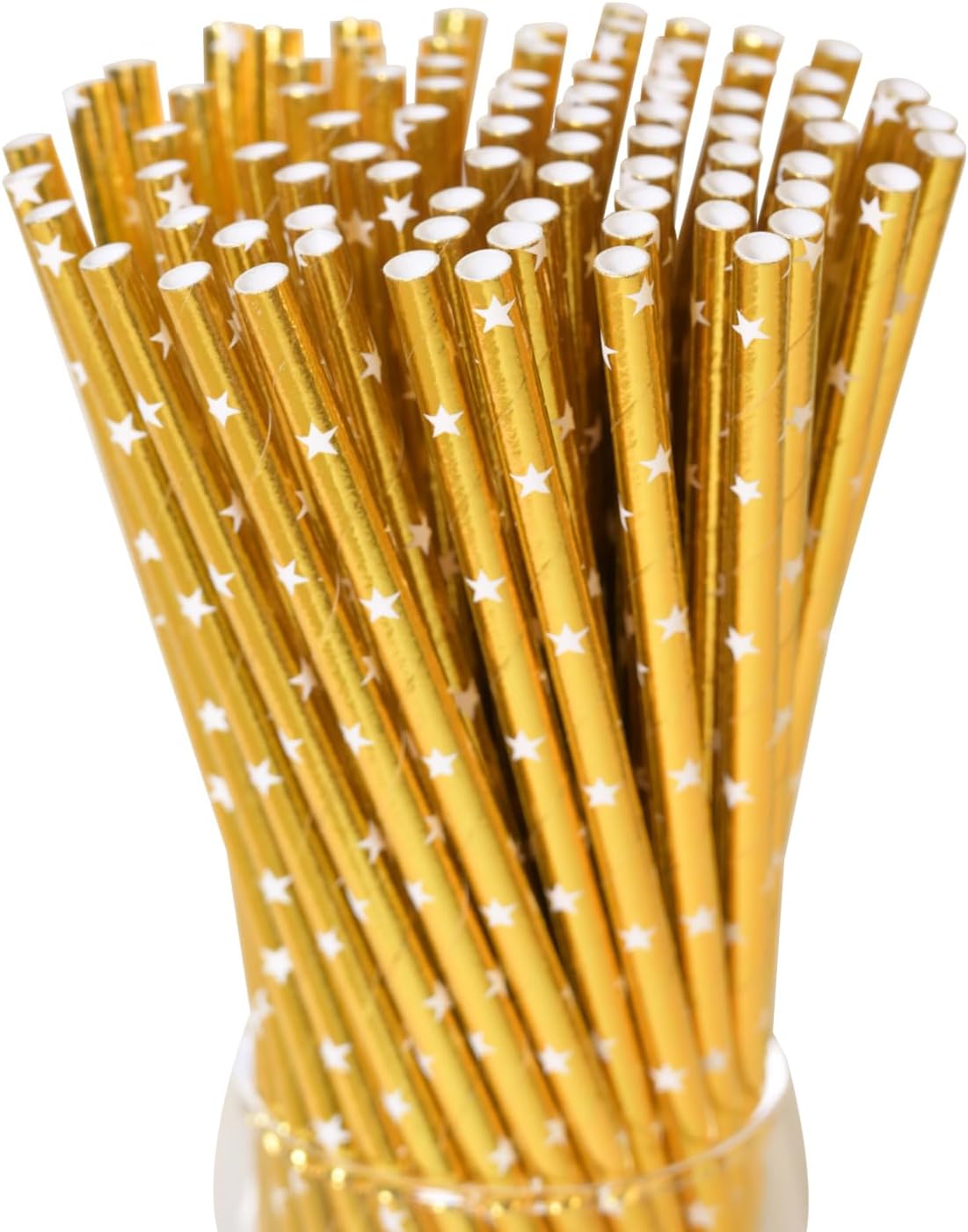 Gold Drinking Straws - Disposable White Star Print Foil Gold Biodegradable Paper Straws, 7.75 Inch, 100 Pack - Party Supplies