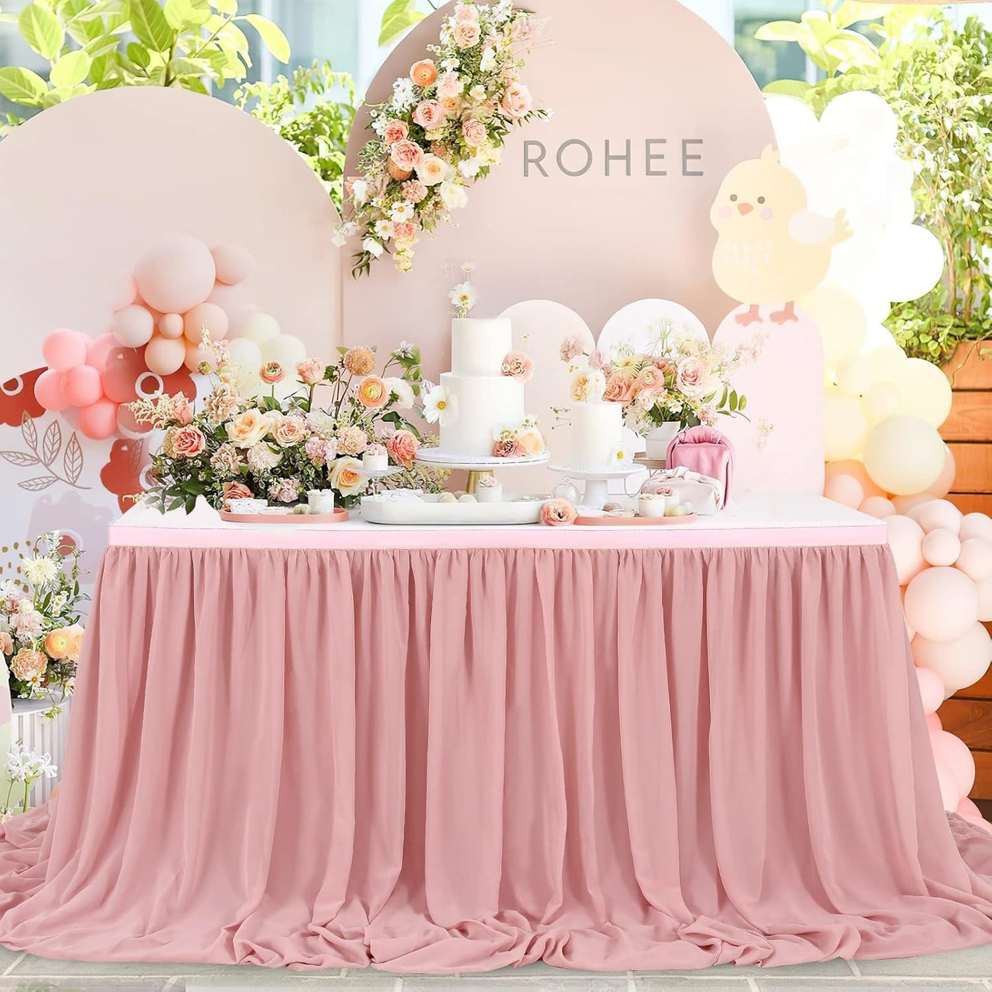 14FT Dusty Rose Chiffon Table Skirt Sheer Rectangle Tablecloth for Wedding 1st Baby Girl Birthday Party Bridal Shower Decoration