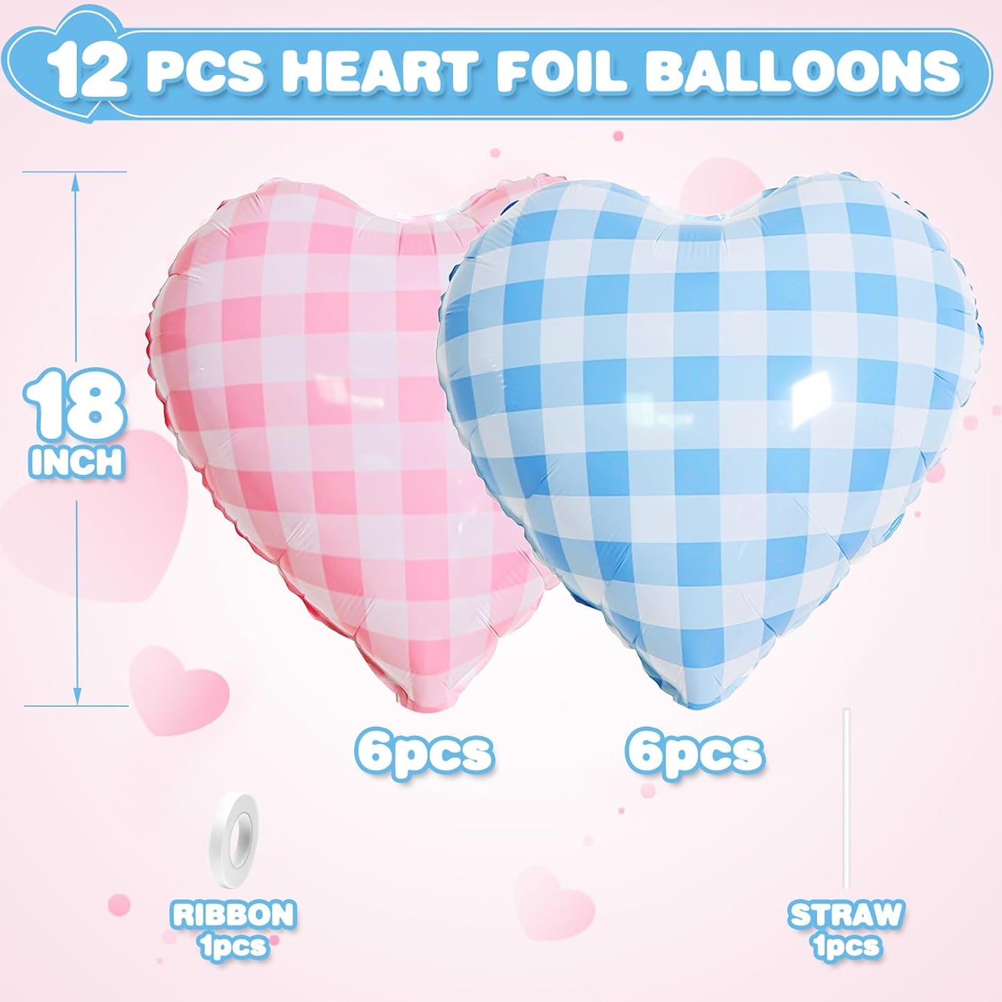 Pink Blue Checkered Heart Balloons,12Pcs 18Inch Blue Pink Grid Heart Shaped Foil Helium Polyester Film Balloons for One Silly Goose Birthday Baby Shower Party Decorations