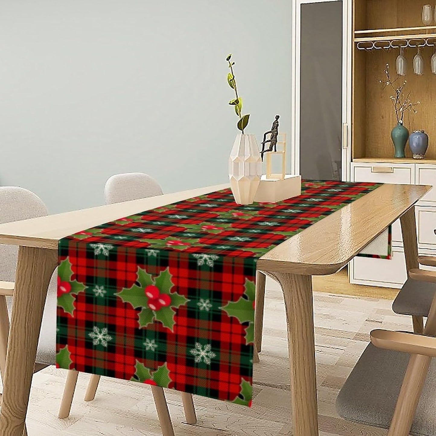 Christmas Table Runner, Red Check Plaid Winter Xmas Holiday Table Cloth Kitchen Dining Table Decoration for Home Party Decor 13x108 Inch