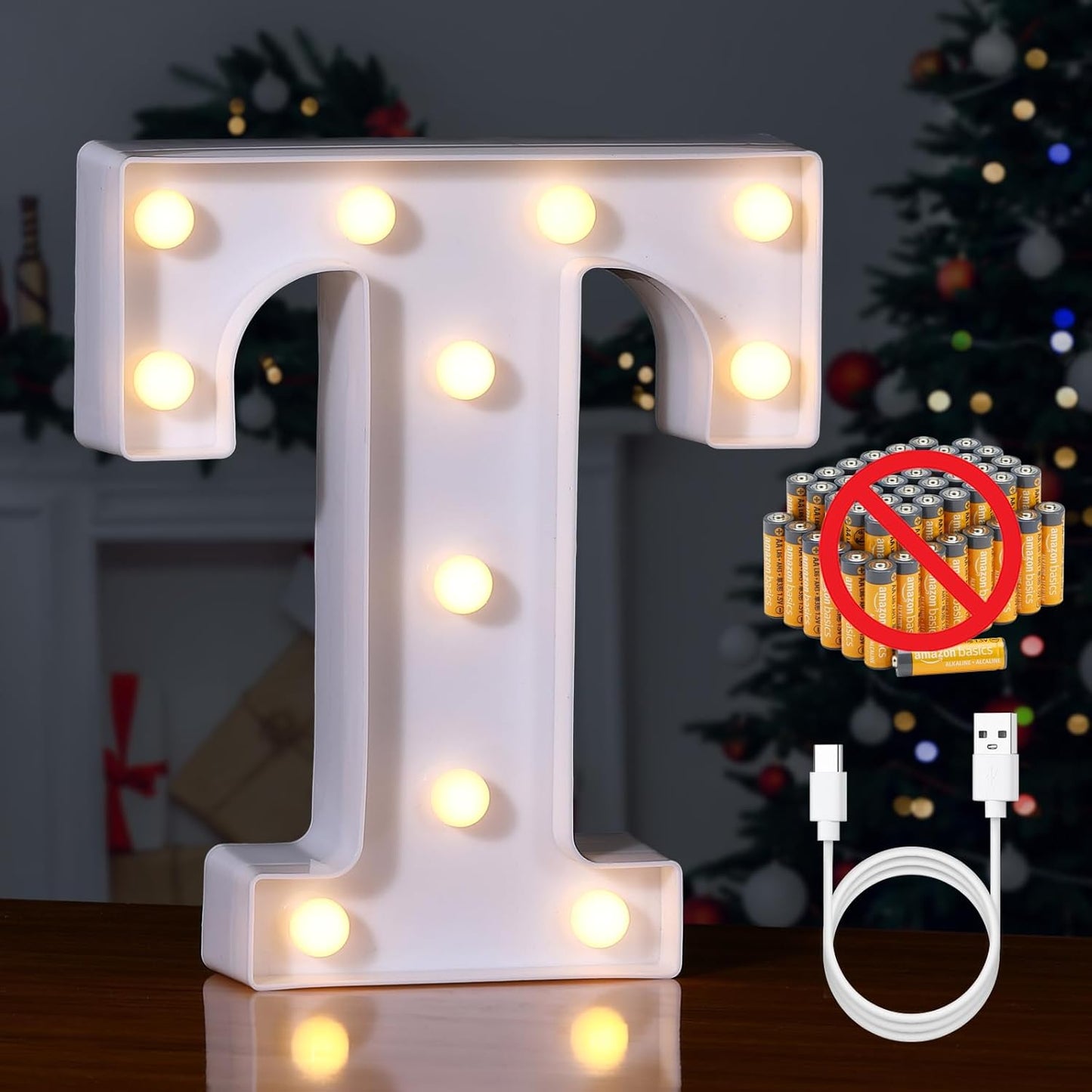 Foaky Rechargeable LED Letter Lights Sign Marquee Light Up Letters Sign for Night Light Wedding/Birthday Party Christmas Lamp Home Bar Decoration (T)