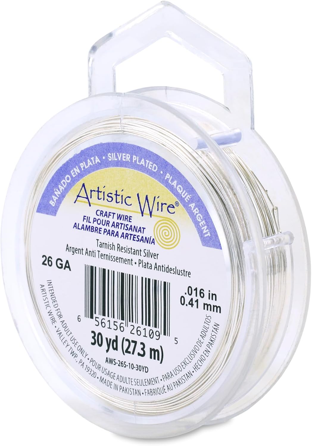 Artistic Wire, 26 Gauge Silver Plated Tarnish Resistant Colored Copper Craft Wire, Tarnish Resistant Silver, 30 yd