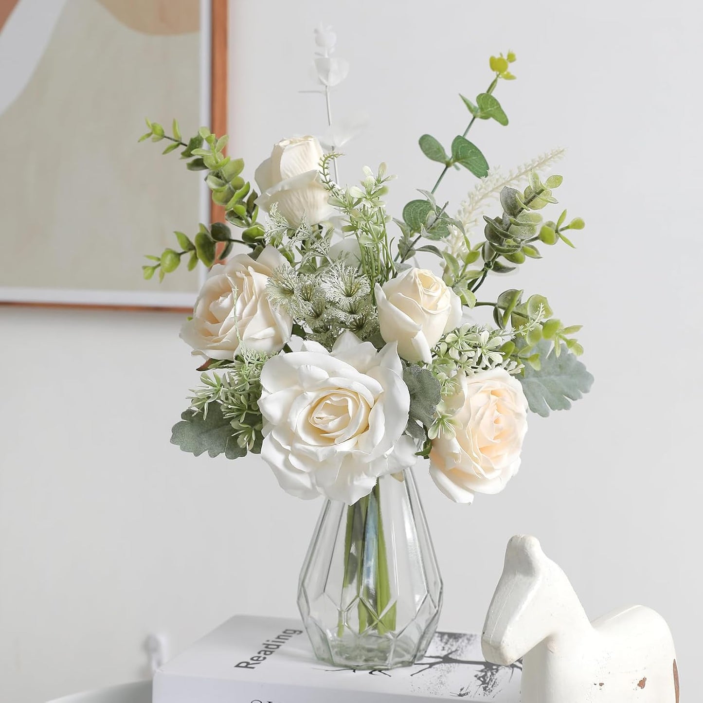 Artificial Flowers with Vase,White Silk Roses and Fake Plant Eucalyptus in Vase,Faux Flower Arrangement with Vase Suitable for Home Office Decoration, Living Room and Dining Table Centerpiece