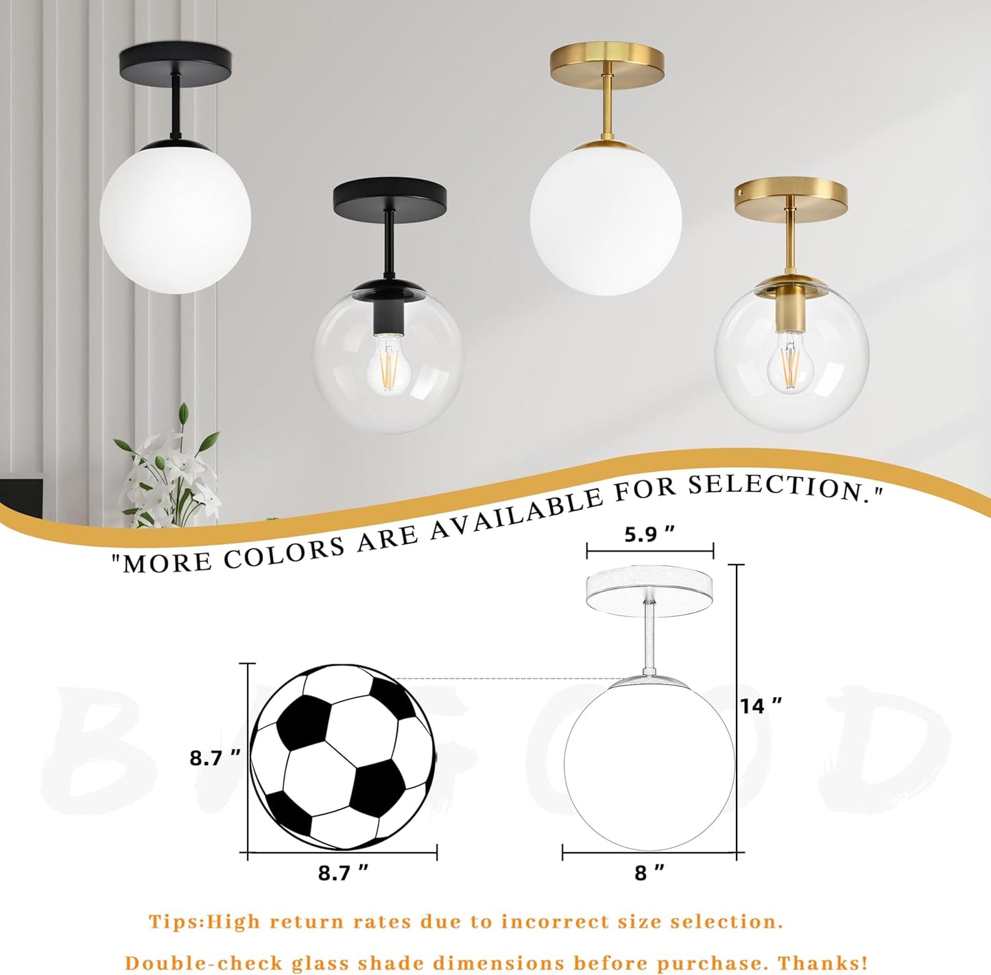 Globe Semi Flush Mount Ceiling Light, Clear Glass with Matte Black Finish, Mid Century Modern Light Fixture Ceiling, Hallway Living Room Kitchen Bedroom Storage Schoolhouse Laundry(LED Bulb Incl.)