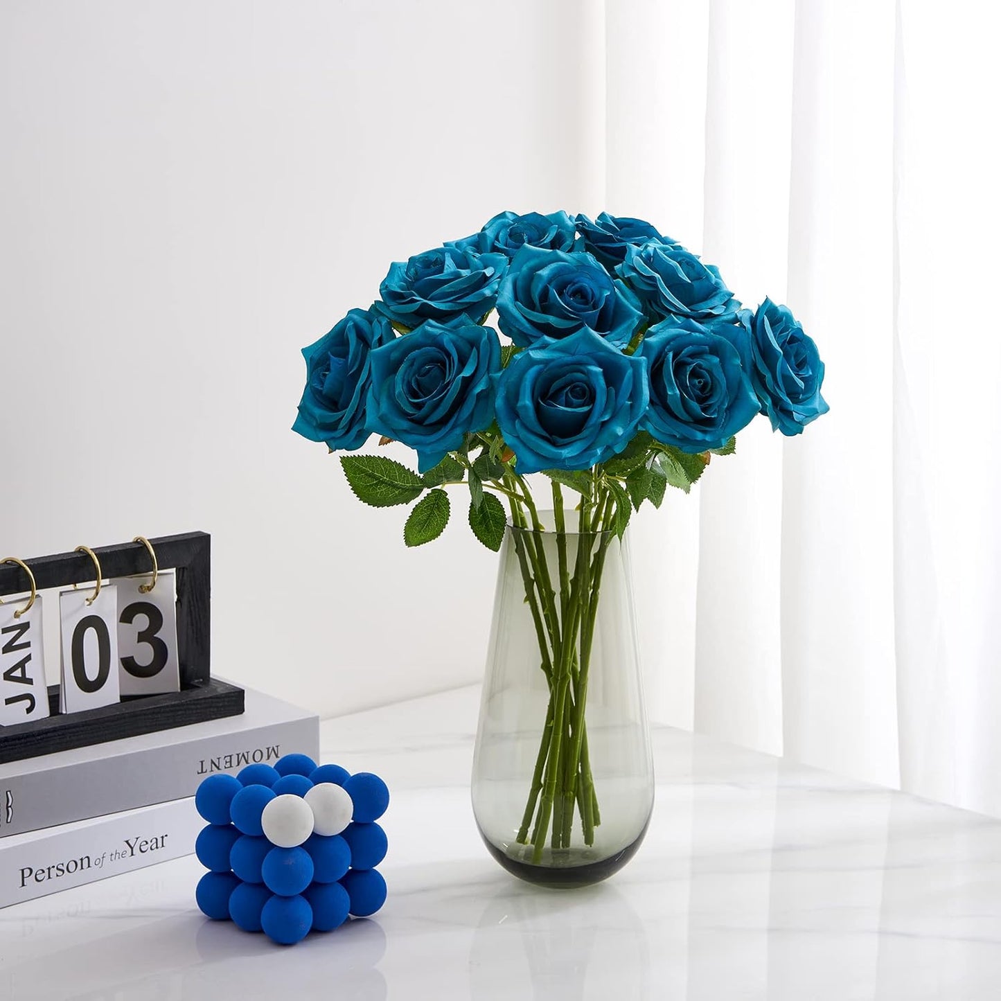 Teal Artificial Rose 10pcs Open Flower Bouquet Faux Rose Stems Turquoise Blue Roses for Wedding Arrangement, Bridal Bouquet, Centerpiece, Fake Faux Silk Flowers