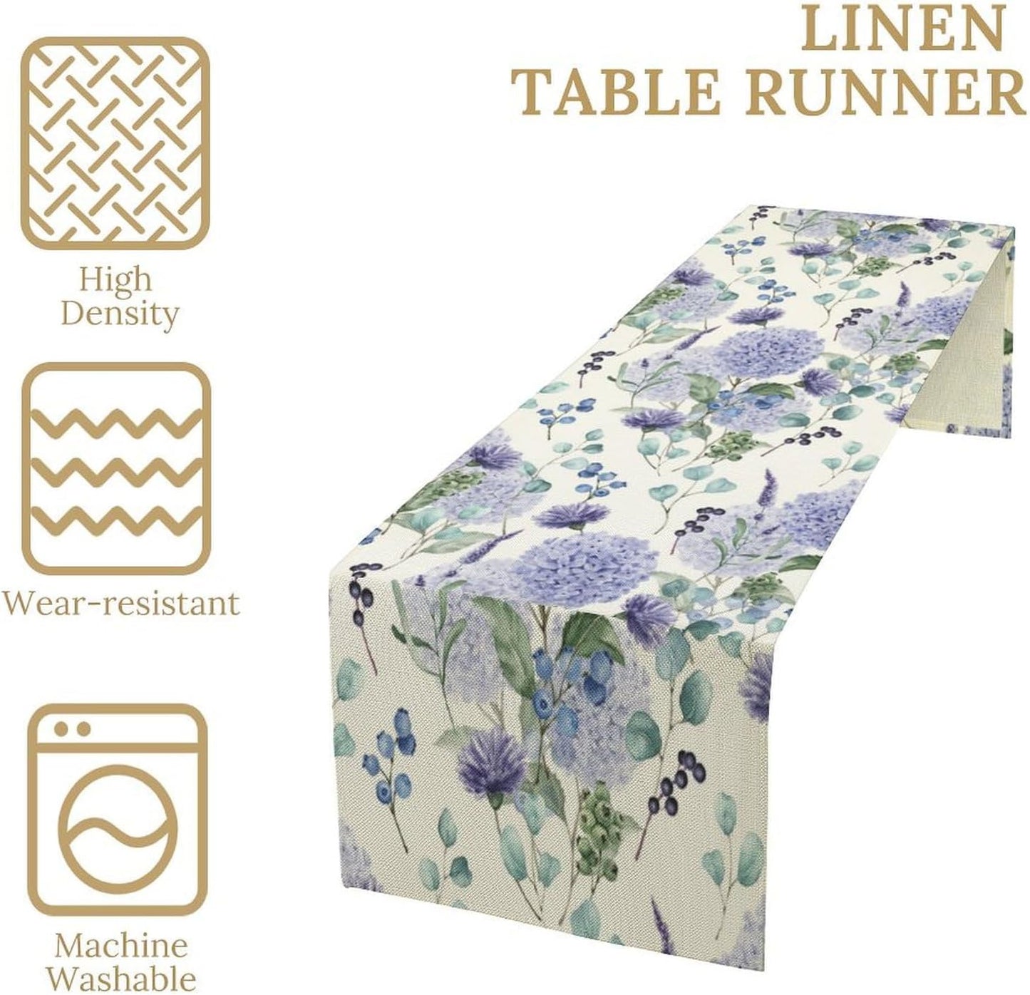 Spring Hydrangea Flower Table Runner, Seasonal Summer Plants Watercolor Eucalyptus Leaves Purple Florals Dinner Runner for Home Kitchen Dining Table Party Holiday Decoration 13"x36"