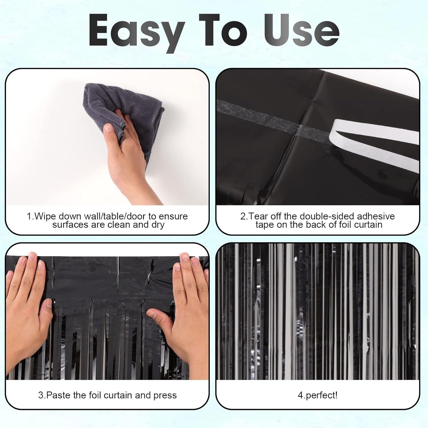 4 Pack Black Foil Fringe Backdrop Curtains, Tinsel Streamers Birthday Party Decorations, Fringe Backdrop for Graduation, Baby Shower, Gender Reveal, Disco Party