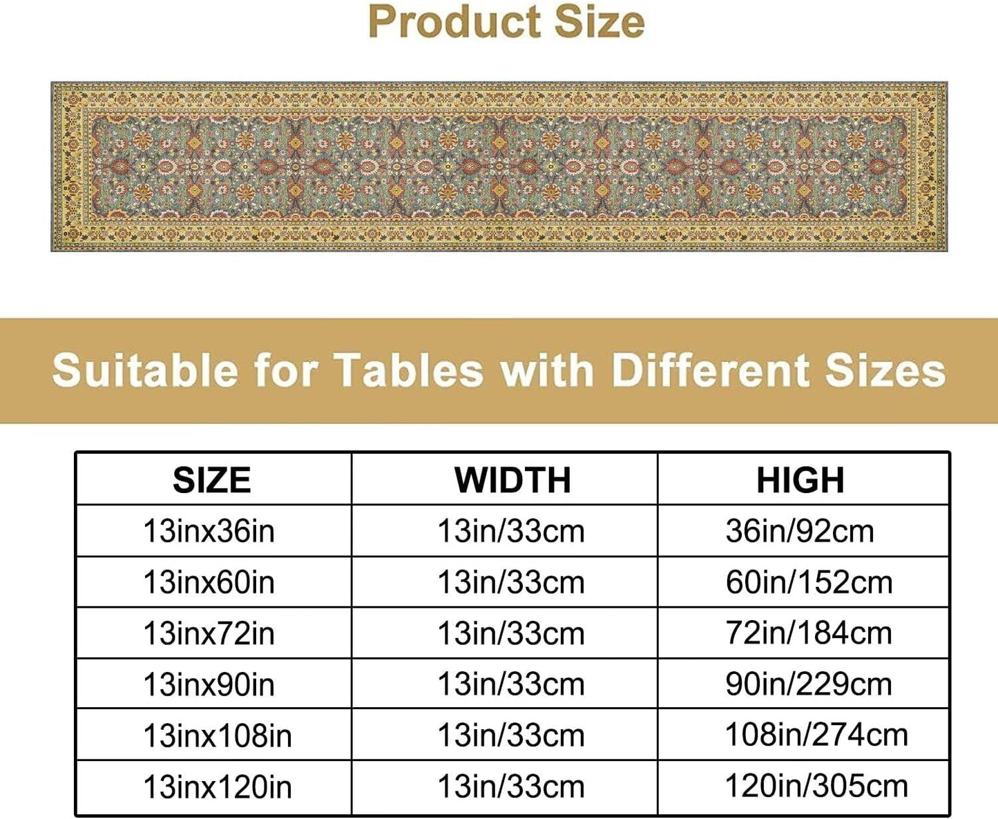 Boho Floral Vintage Beige Blue Table Runner, Retro Flower Rustic Country Farmhouse Abstract Pattern for Home Kitchen Table Decor Dining Coffee Room Party Decor 13x90in