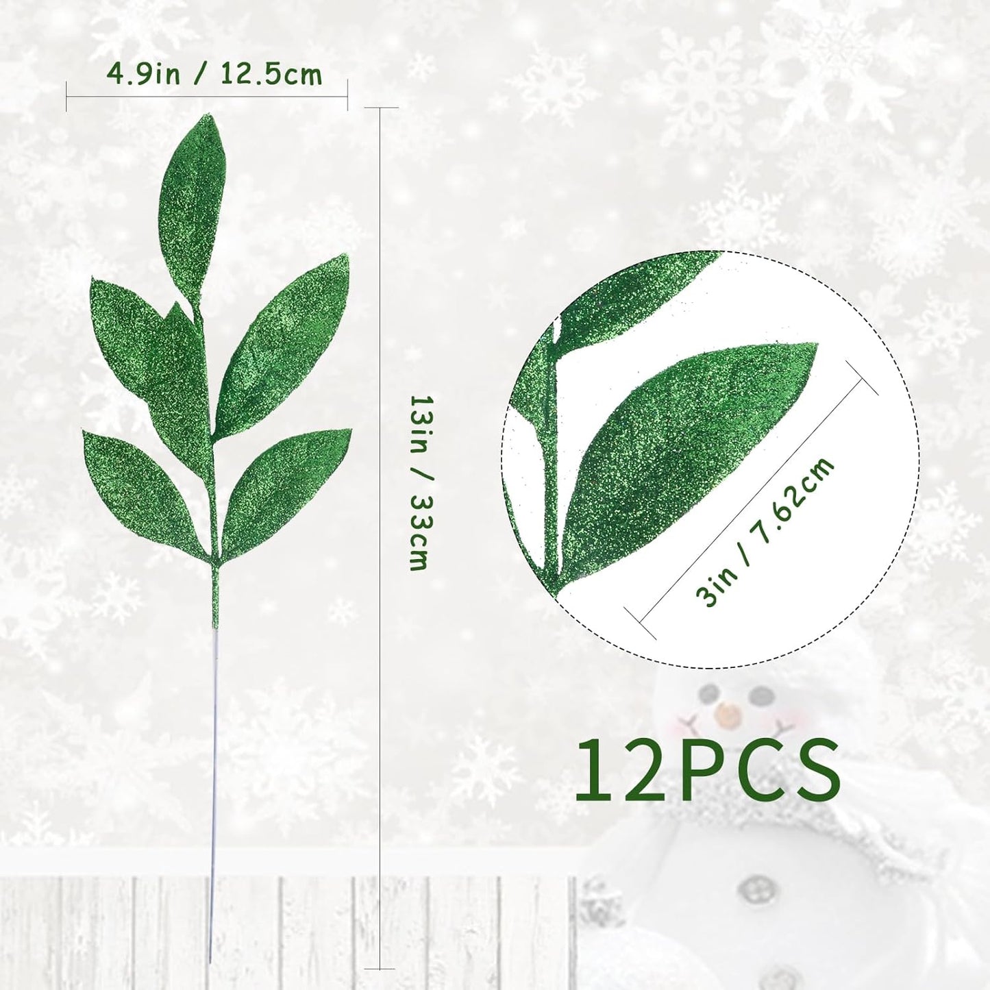 GREENTIME 12 Pack Artificial Green Glitter Leaves 13" Fake Christmas Picks Decorative Glitter Sticks for Vase Christmas Tree DIY Wreath Crafts Fireplace Decor