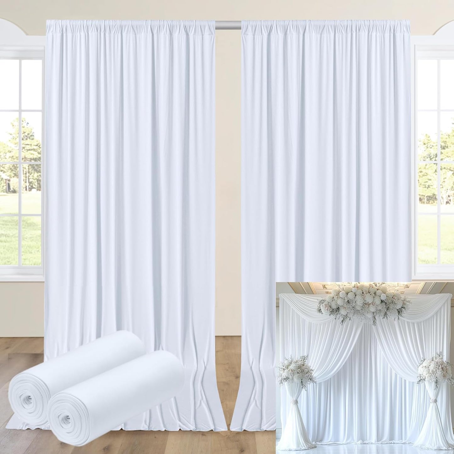 10ftx14FT Wrinkle Free White Backdrop Curtain, 2 Panels 14FT Height White Wedding Backdrop Drapes, Silky Polyester Back Drop Cloth for Birthday Photography Background Party Backdrop Draping