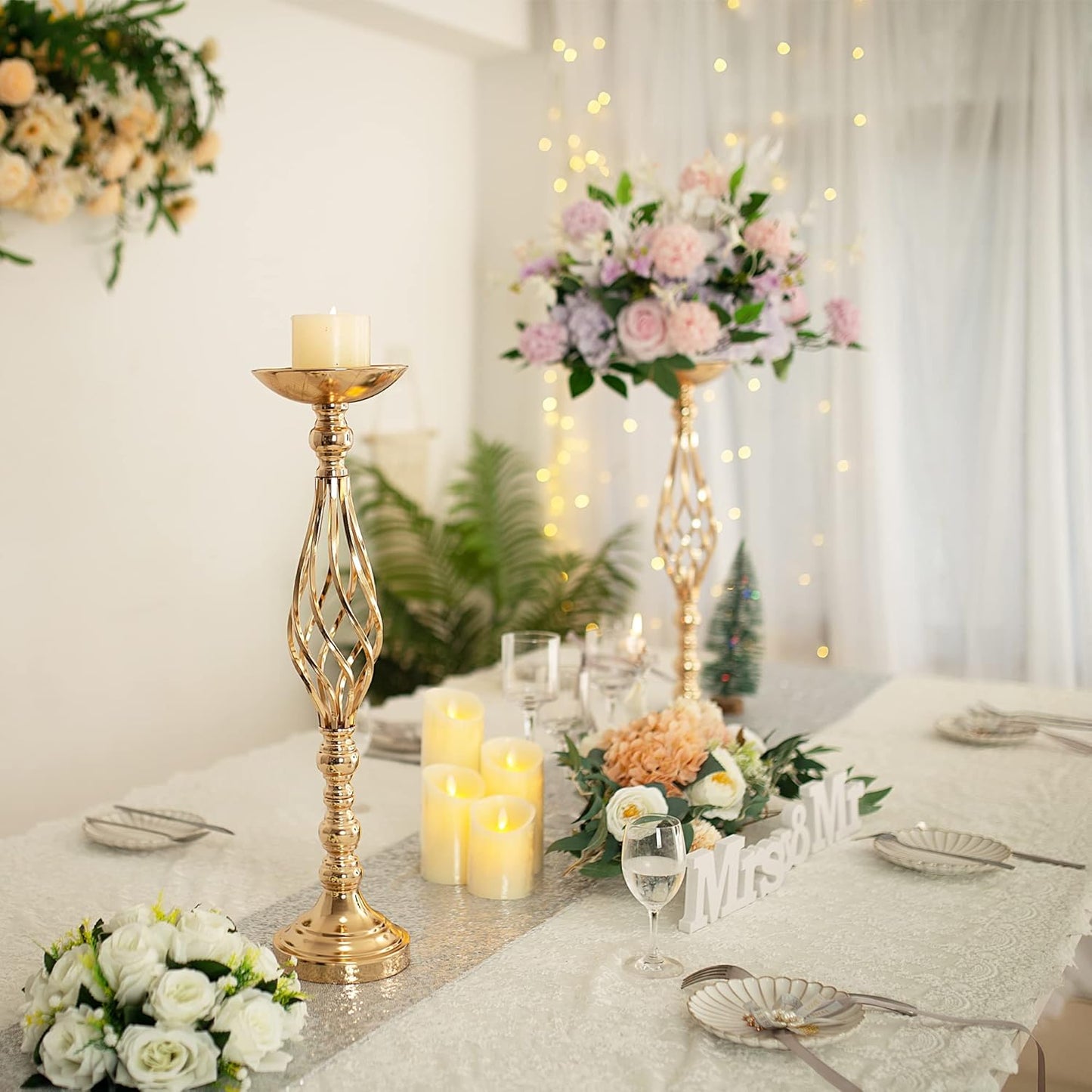 Gold Metal Wedding Centerpieces - Twist Candleholder Stands & Flower Vases for Reception Tables