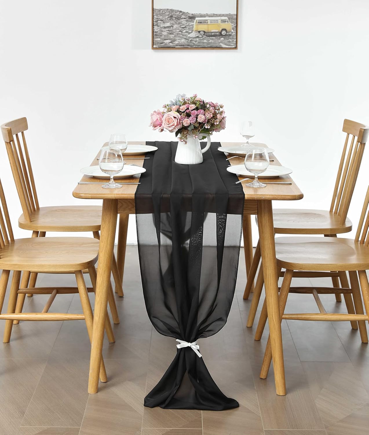 5 Pack 10Ft Black Chiffon Table Runner Sheer 29x120 Inch for Romantic Wedding Decor Bridal & Baby Shower Birthday Rustic Party Decoration