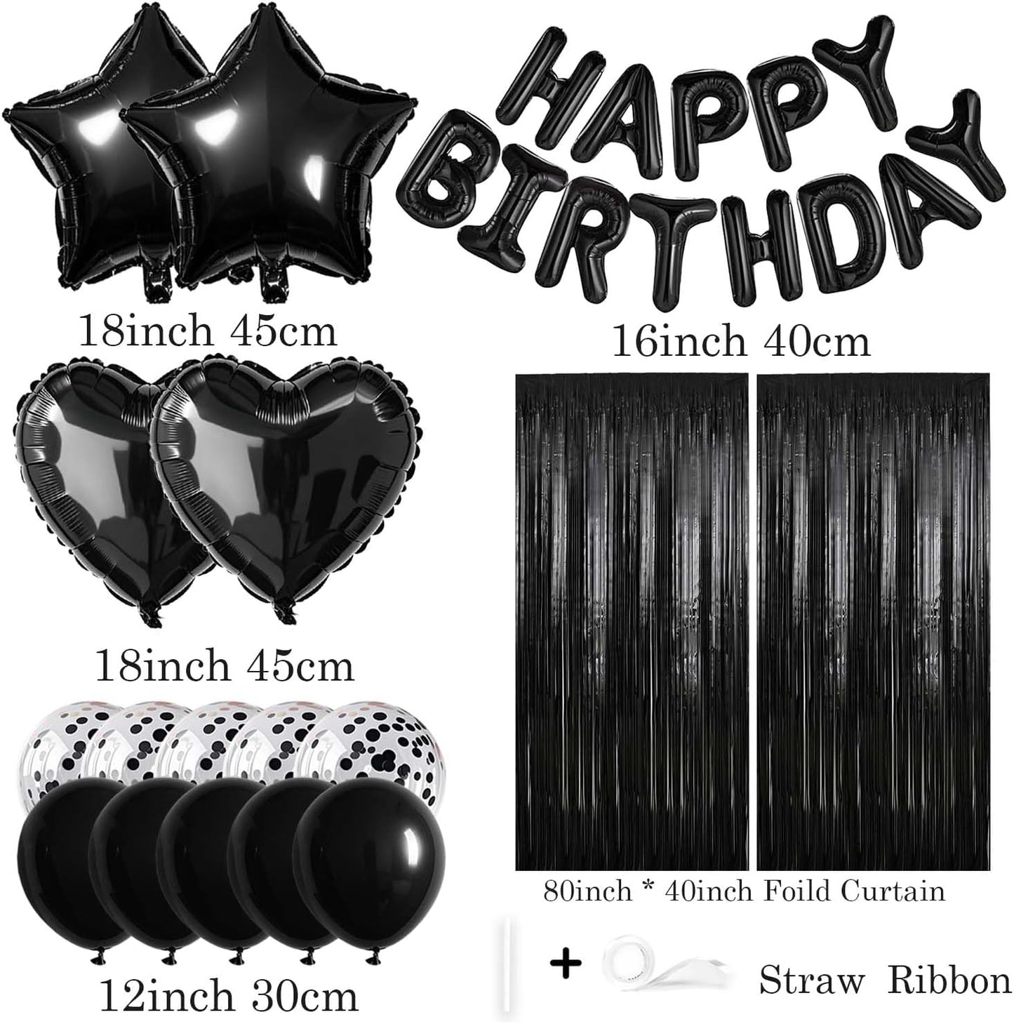 29 Pcs Black Birthday Party Decorations - Happy Birthday Balloons Banner, Heart & Star Foil Balloons, Confetti & Latex Balloons, Foil Fringe Curtains Party Supplies for Men
