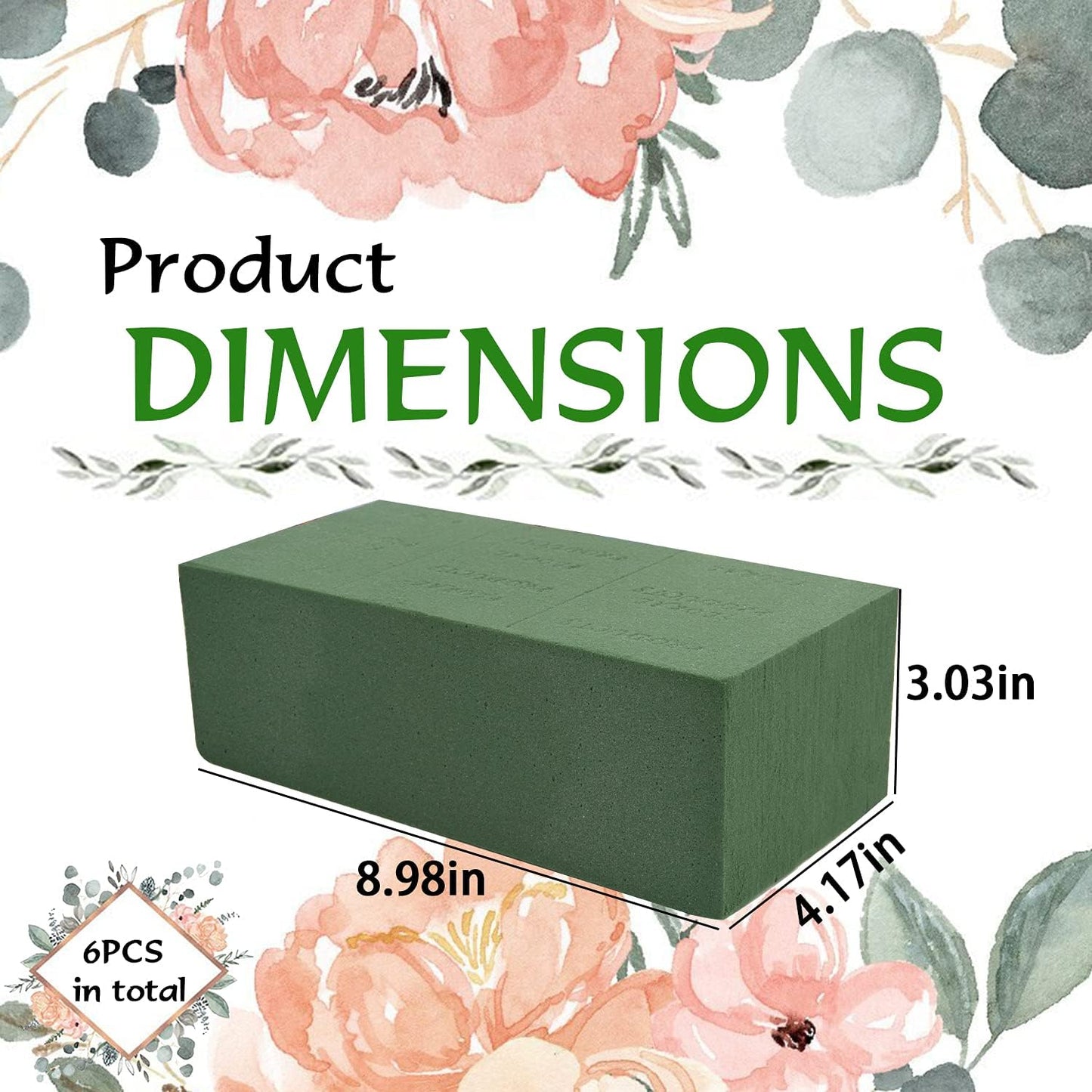 KIMOBER Wet Floral Foam Bricks,Large 9''Lx4''Wx3''H Green Foam Blocks for Flower Arrangement, Wedding,Party Decoration, Pack of 6