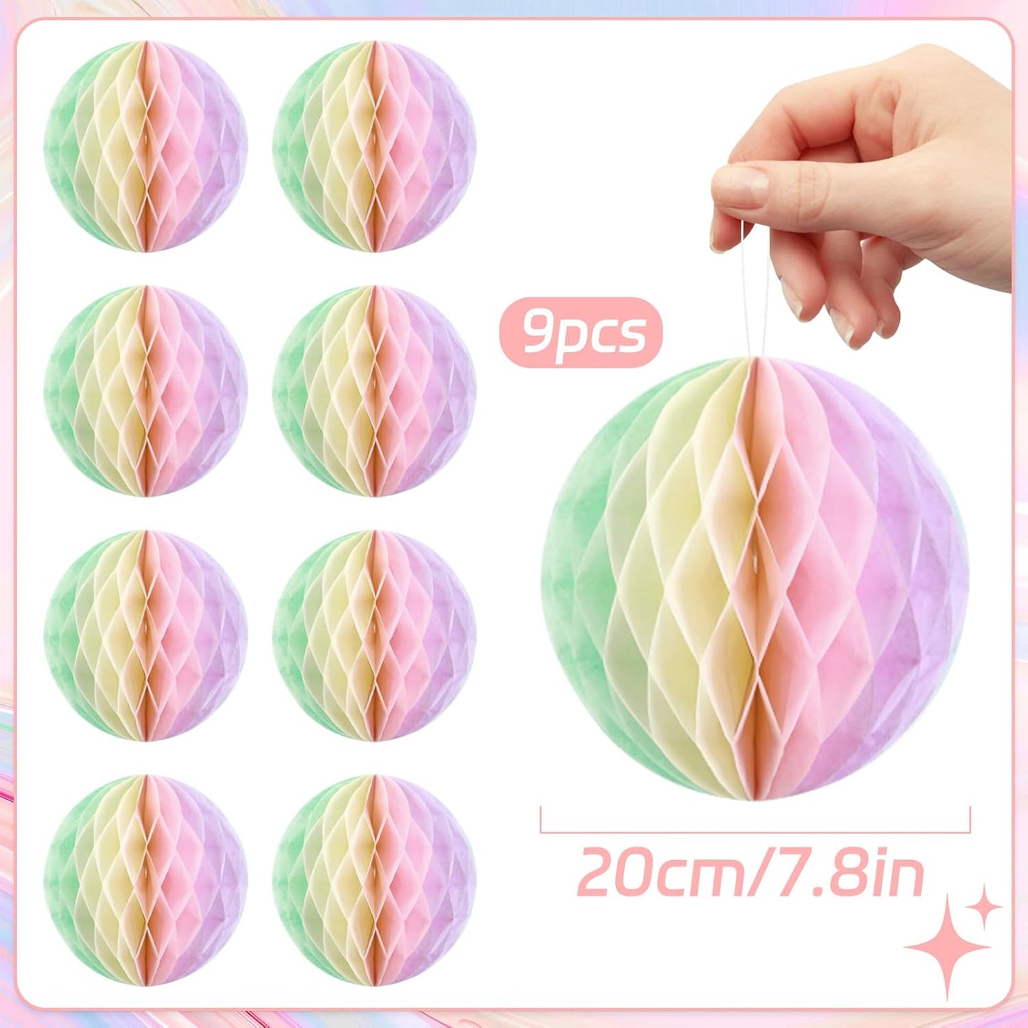 Pastel Hanging Honeycomb Ball, Rainbow Party Decorations，Pastel Birthday Party Decor for Macron Birthday Classroom Baby Shower Bridal Wedding Decor, Set of 9