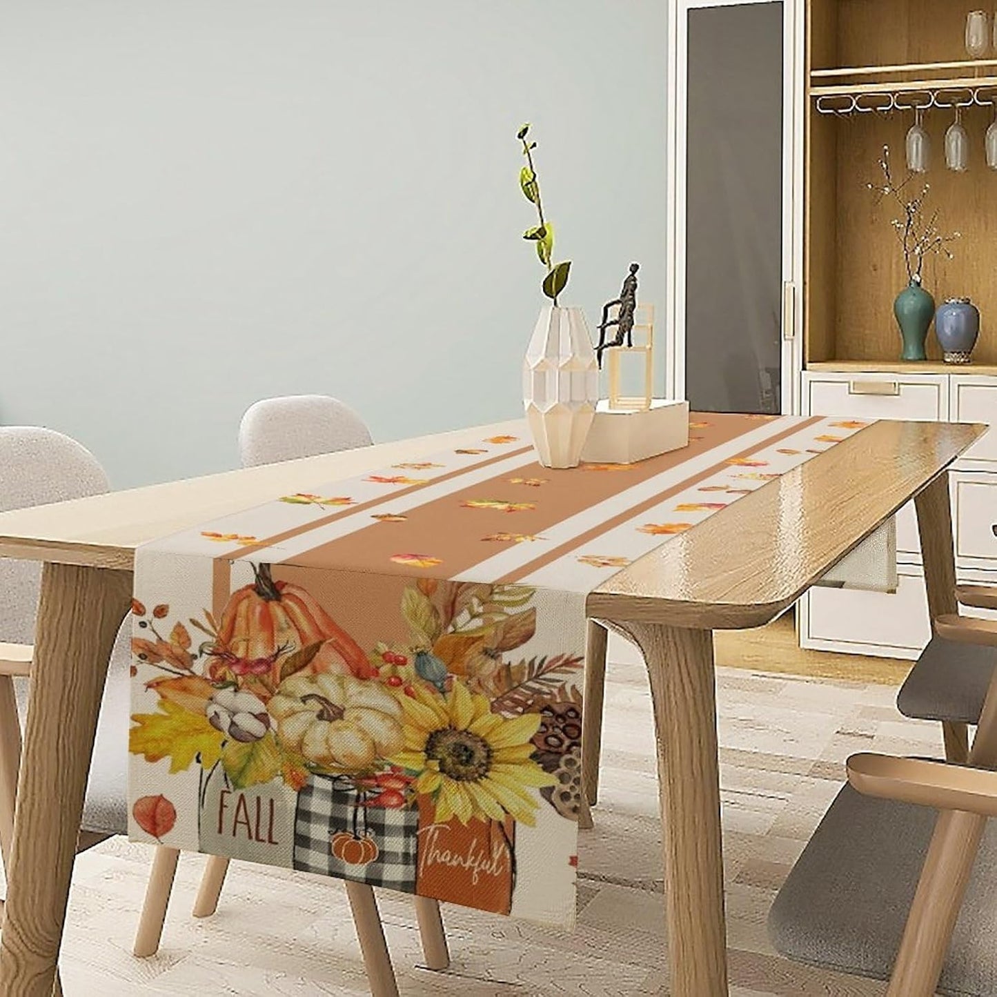 Autumn Table Runner,Thanksgiving Fall Pumpkin Leaves Floral Table Cloth for Kitchen Dining Table Decoration Home Party Decor 13x90 Inch