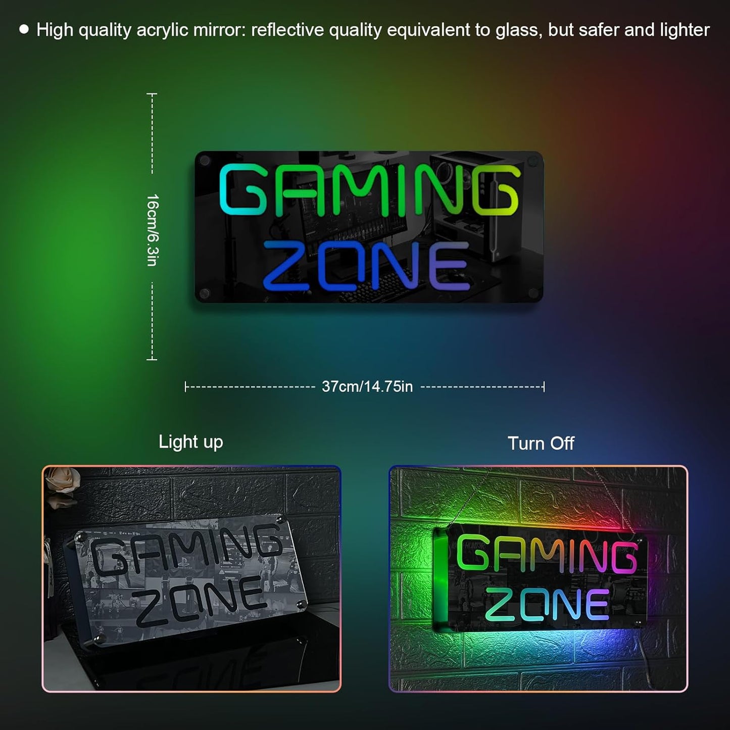 Ineonlife Game Zone Neon Sign Mirrored Colorful LED Lights for Gaming Room Decor Light Up Signs for Teen Boy Bedroom Decoration Best Gift for Kids 14.57 x 6.3 inches USB Powerd