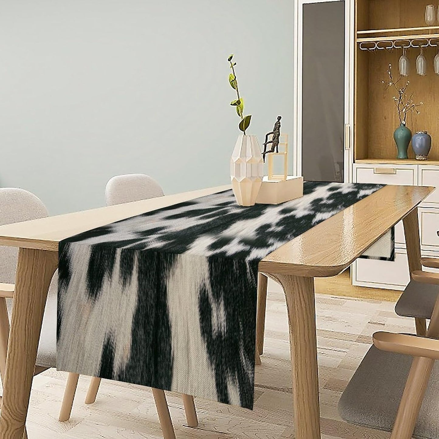 Rustic Cow Skin Print Table Runner, Country Farm Animal Fur Skin Pattern Western Style Brown Cowhide Print Cotton Linen Cottage Dinner Runner for Home Kitchen Dining, 13x36 Inch