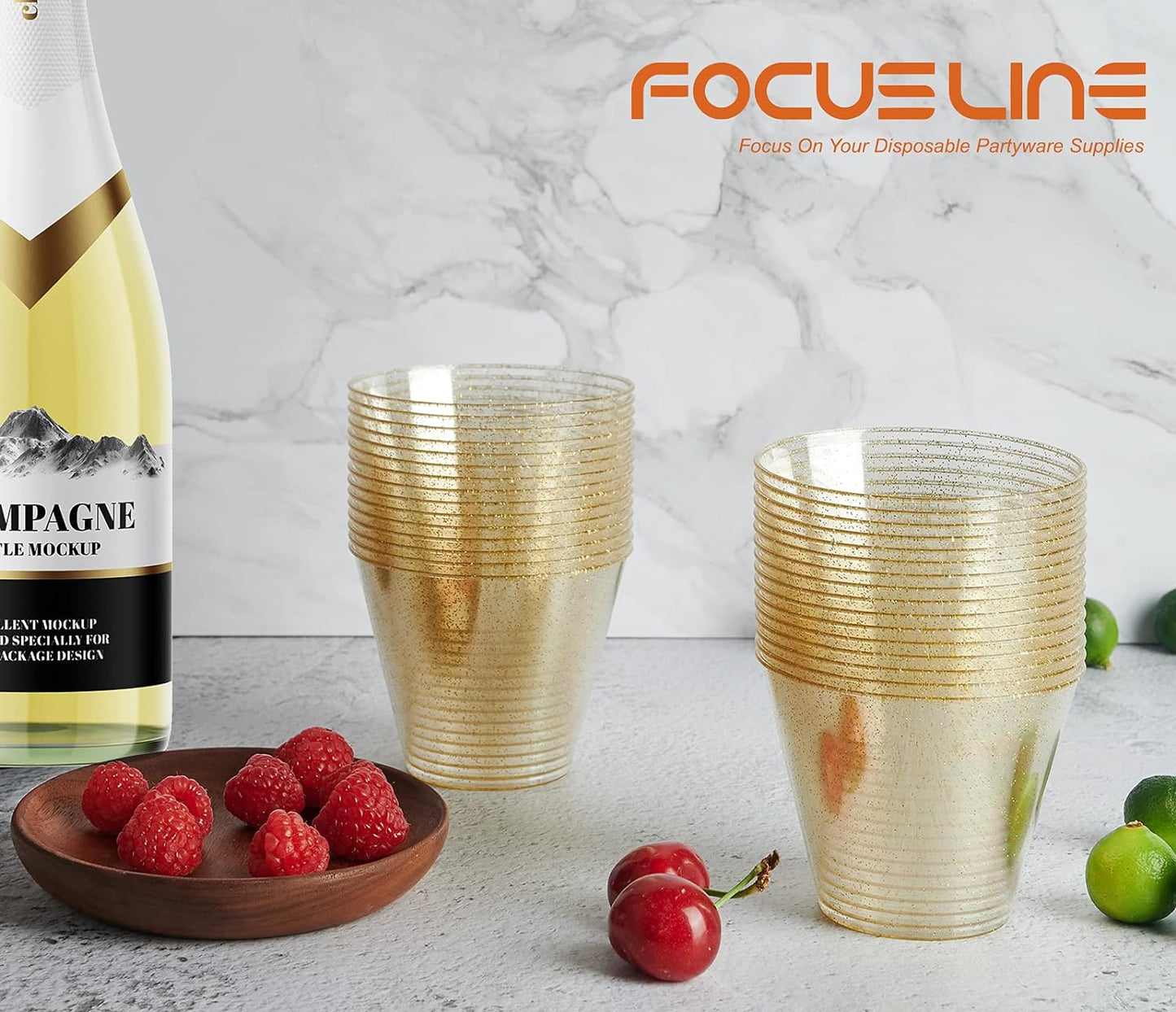 FOCUSLINE 9 oz Gold Plastic Cups, Disposable Clear Fancy Hard Plastic Cups, Gold Glitter, Heavy Duty, Reusable,100 Count