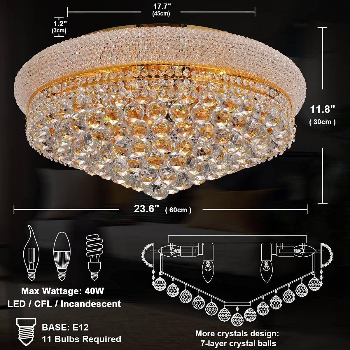 11-Lights Golden Finish Classic Empire Style K9 Crystal Chandelier Ceiling Light for Living Room Foyer Dining Room Hallway Bedroom (24×12 inch) New Packaging Easy to Install