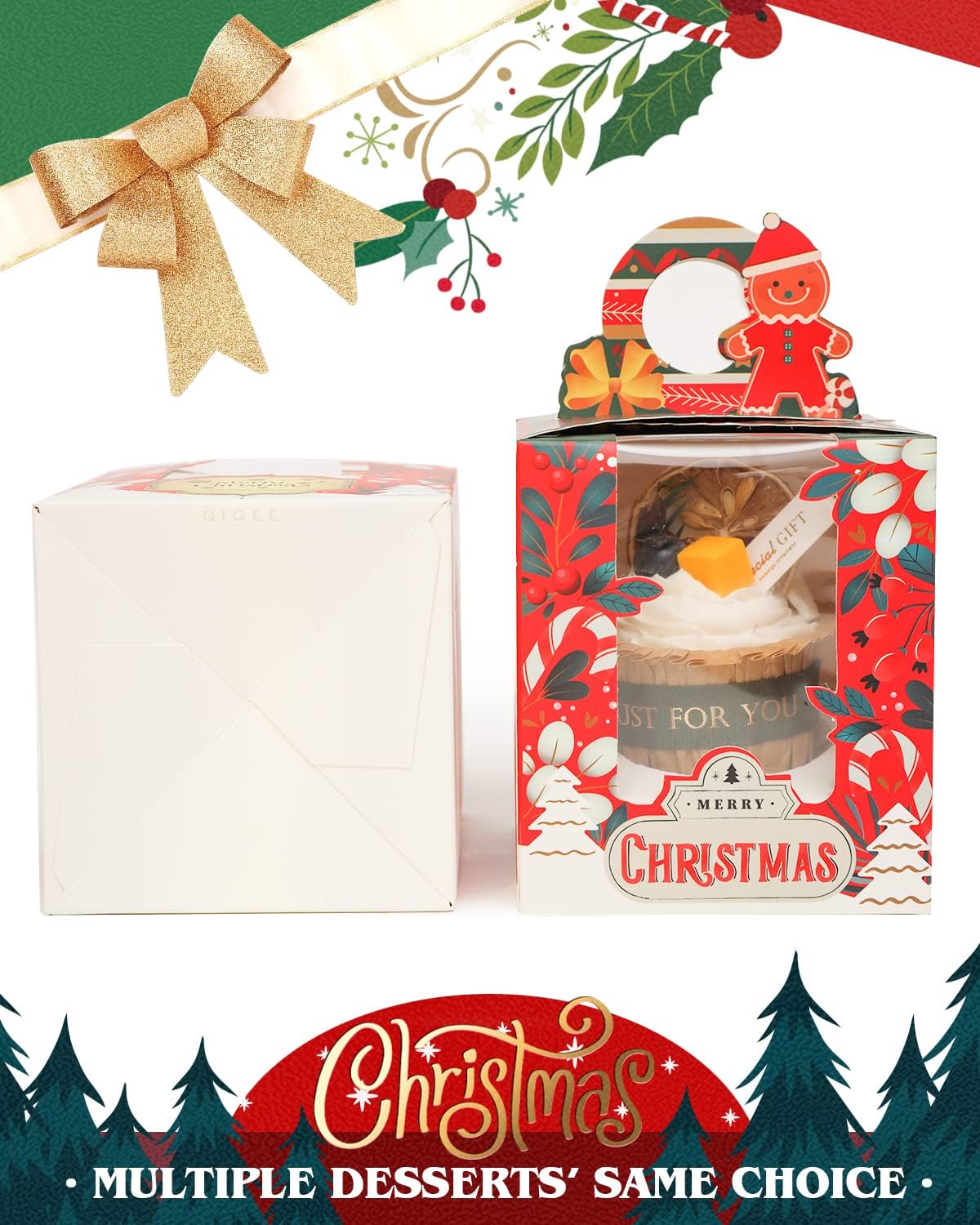 qiqee Christmas Individual Cupcake Boxes 50pcs Individual Cupcake Boxes with Window 3.7" 3.7"*4.5" Cupcake Box for Christmas