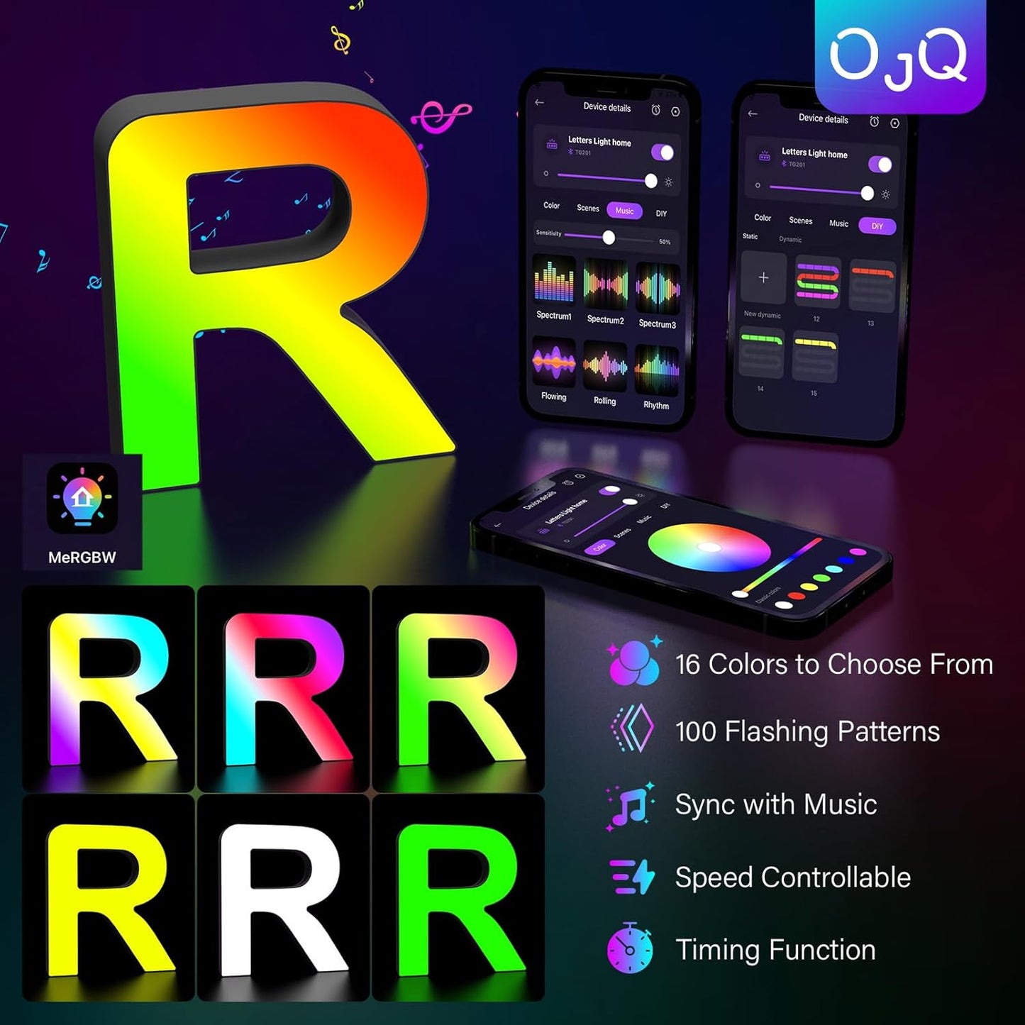 OJQ Light Up Letters LED Letter - Marquee Letters Room Decor Alphabet Letter Music Sync Color Change Colorful - Christmas Birthday Gifts for Girl - Teen Girls Gifts Party Home Wall Decor