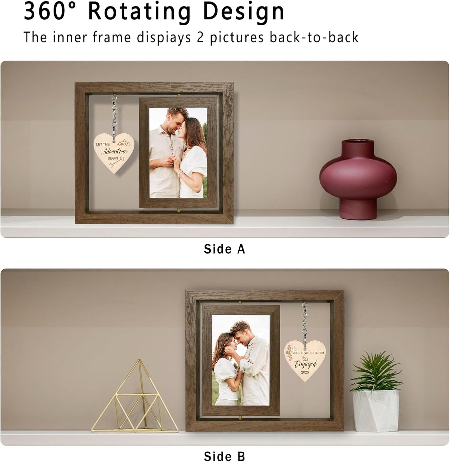 Rotating Engagement Picture Frame - Engagement Gifts for Couples, Holds Two 4x6 Photos, Real Glass Cover, Rustic Wooden Design with Heart Pendant, Gift-Ready Packaging