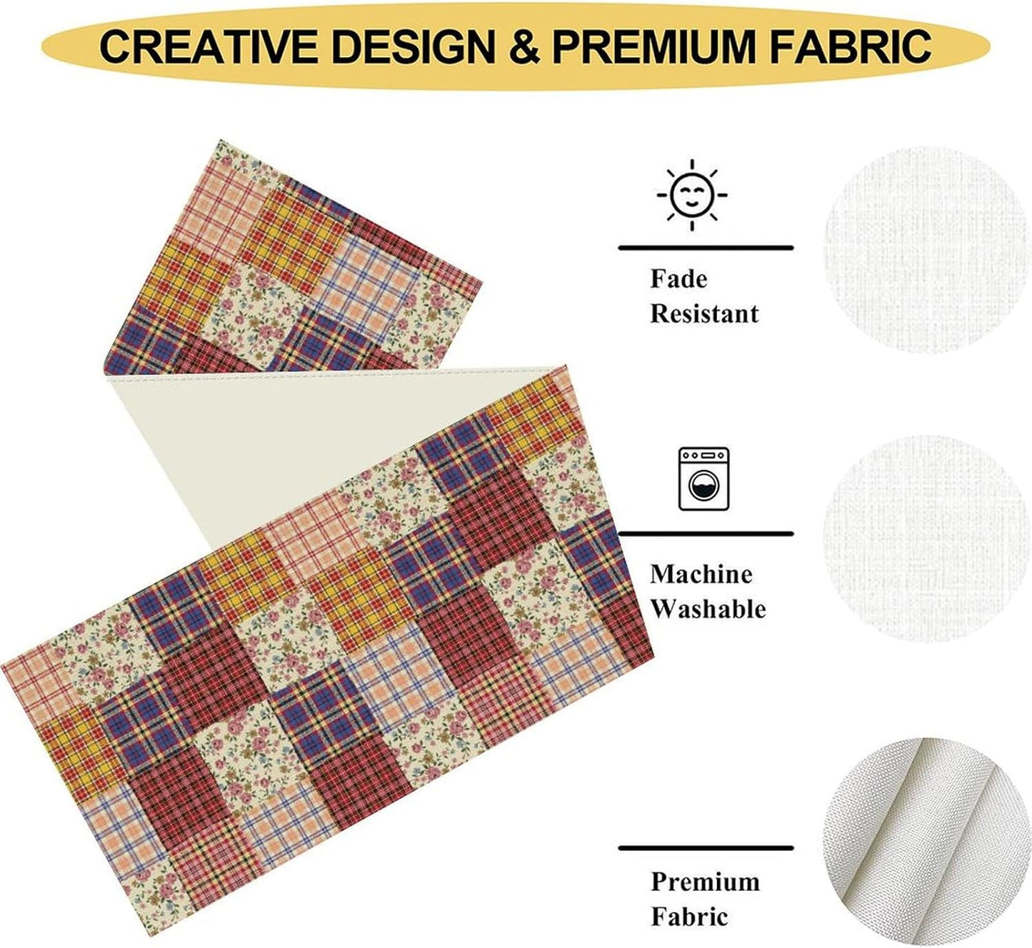 Patchwork Table Runner, Boho Vintage Floral Checkered Plaid Bohemian Paisley Flower Farmhouse Table Center Decor for Home Kitchen Dining Patio Holiday Party Indoor Table Decorations, 13"x72" Inch