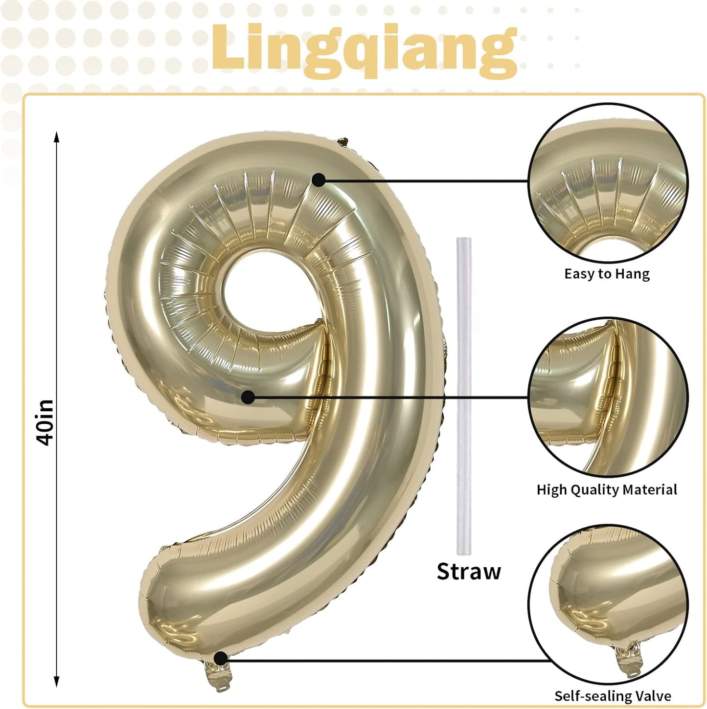 40 Inch Champagne Gold Foil Balloon Number 9, Large Self Inflating Light Gold Number Balloons 0-9 Helium Balloons Set for Girls Boys 9th Birthday Women Anniversary Graduation Party Decoration Supplies