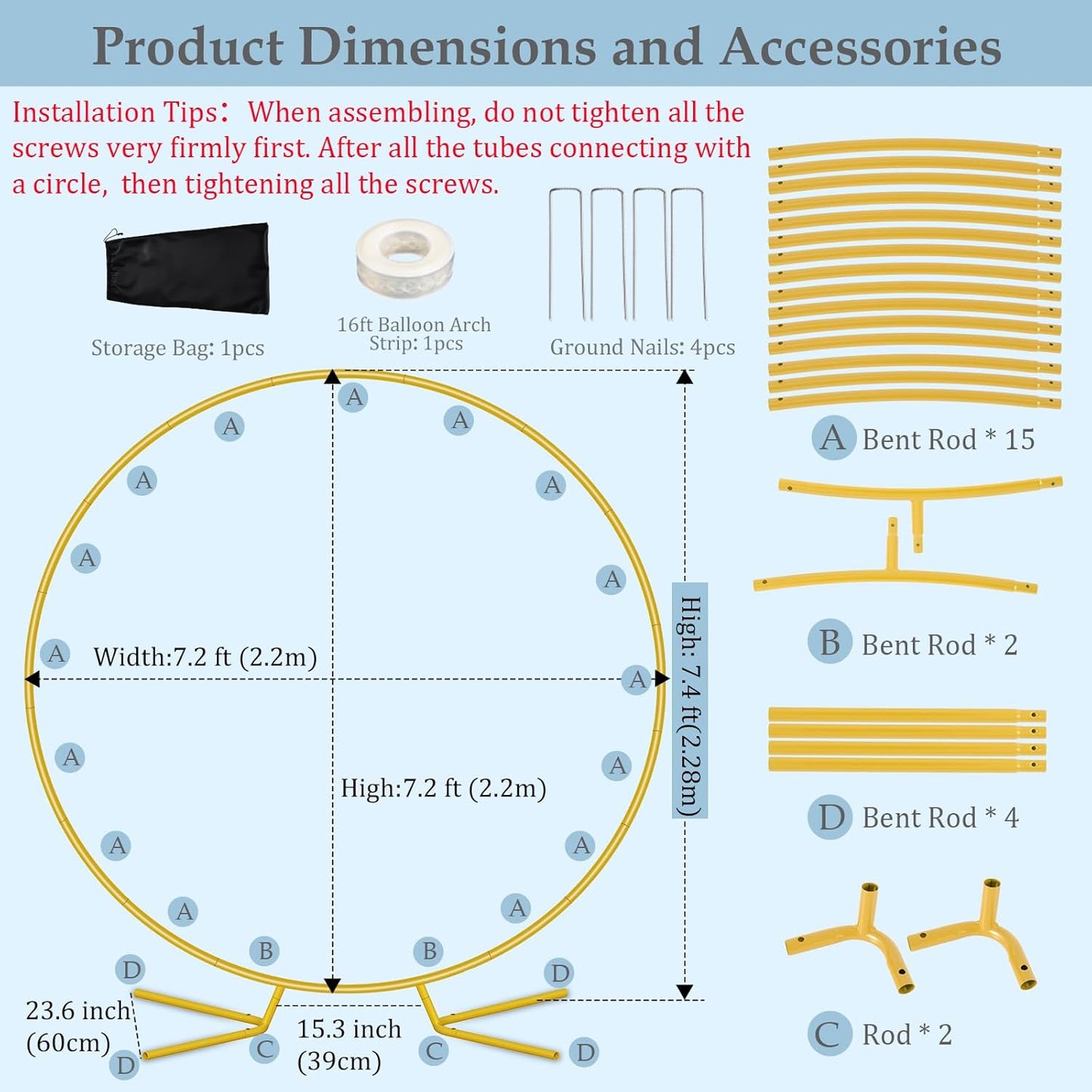 7.2FT Round Metal Arch Backdrop Stand, Circle Balloon Arch Stand Kit with Base, Metal Gold Wedding Arches Frame Heavy Duty for Birthday Gender Reveal Baby Shower Anniversary Party Decoration