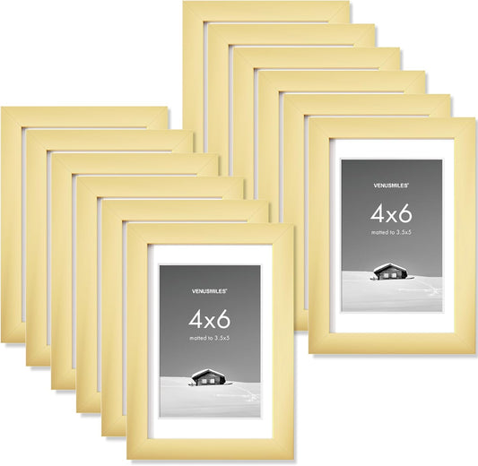 4x6 inch Picture Frame, 4x6 Photo Frames with 3.5x5 Removable Mat - High Definition Plexiglass - Vertical and Horizontal Display - Wall Hanging Frame - Gold, 12 Pack