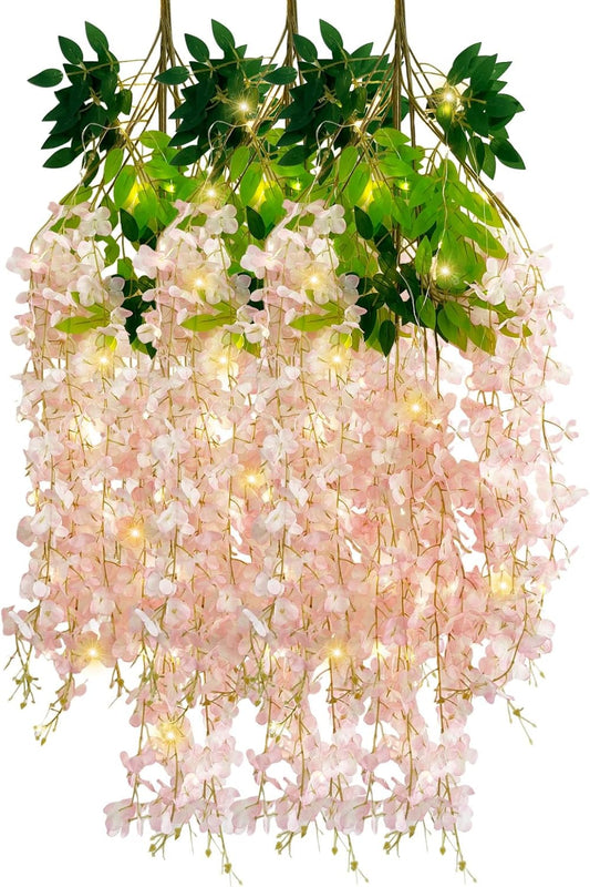 12 Pack Light Pink Wisteria Hanging Flowers Garland with Lights, 3.44 Feet Artificial Flower Vines, Fake Wisteria, Artificial Vines Hanging Garland for Backdrop Outdoor Patio Garden Decor