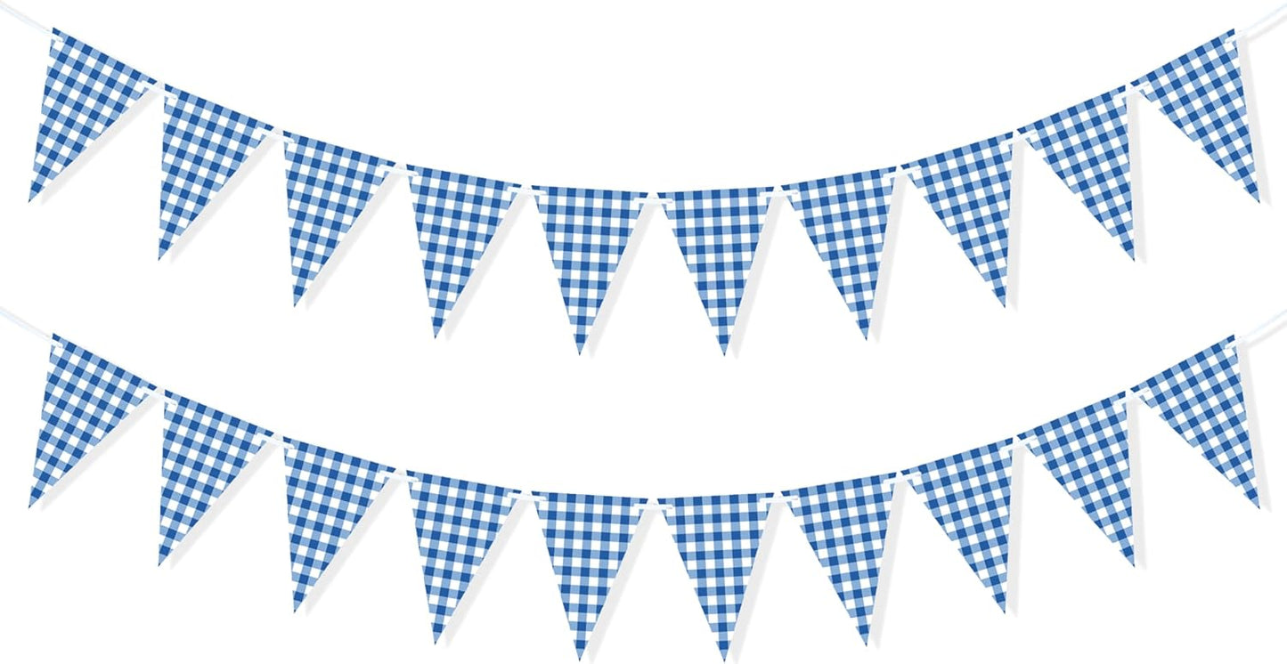 2 Pieces Blue Checkered Flags Banner, Double Sided Blue and White Gingham Bunting Garland for Summer BBQ Picnic Wedding Baby Shower Birthday Party Decorations Supplies