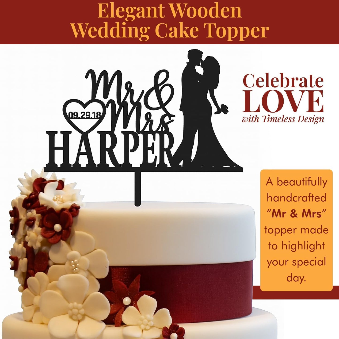 Wedding Cake Toppers- Custom Cake Toppers with Timeless Design- Mr & Mrs Cake Topper to Celebrate Love at Weddings, Anniversaries, & Special Occasions- Make Every Moment Unforgettable with Cake Topper