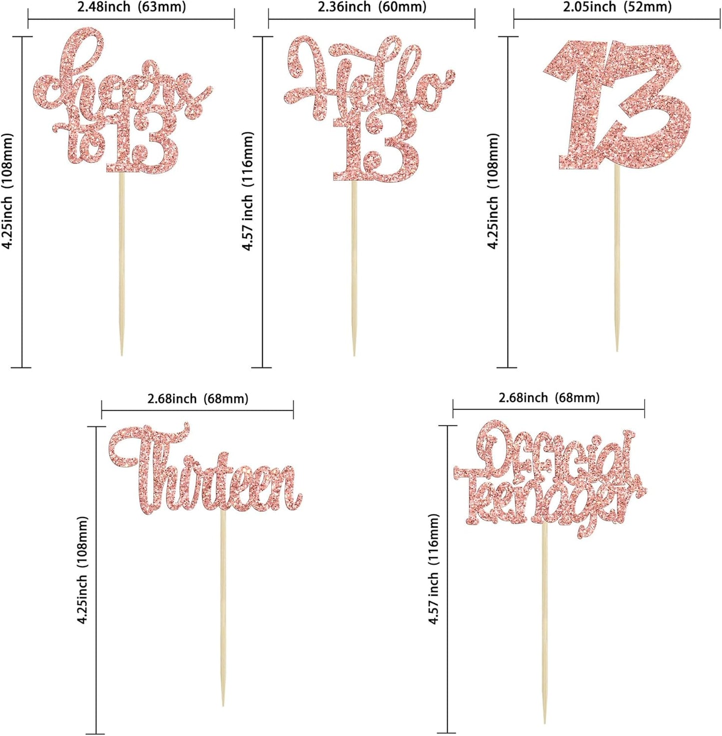 30Pcs 13th Birthday Cupcake Toppers Hello 13 Cupcake Picks Official Teenager Cheers to 13 Years Old Cake Decorations for 13th Birthday Anniversary Party Supplies Rose Gold Glitter