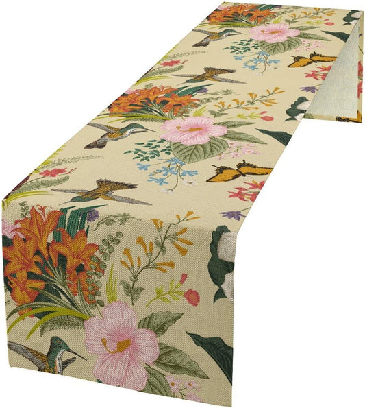Brown Bird Floral Table Runner Spring Flower Kitchen Table Decoration Suitable for Family Dinner Decoration 13x90 Inch